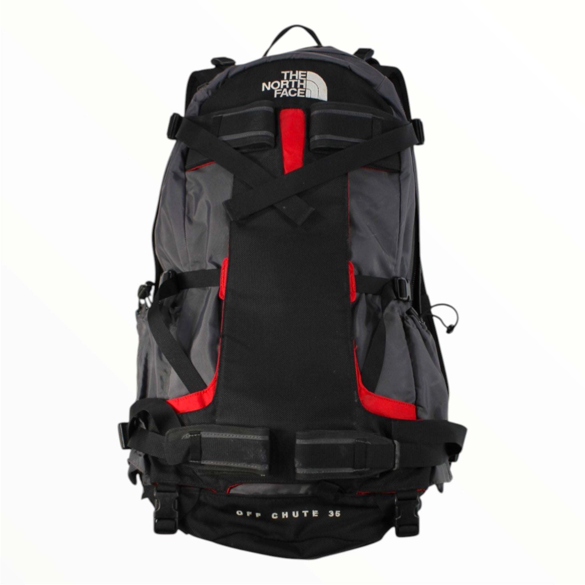 Black 35L hiking backpack with red accents and The North Face logo, front zip pocket
