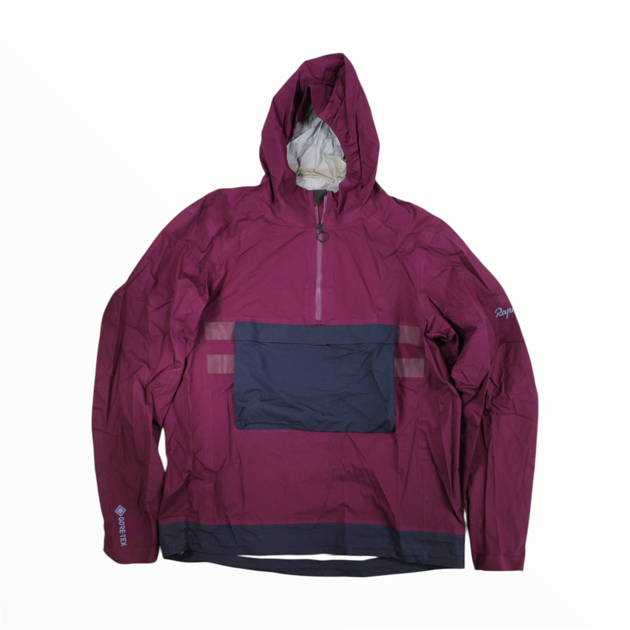 The Rapha Explore Hooded GORE-TEX Pullover by Rapha is a maroon rain jacket featuring a half-zip design, large dark blue front pocket, and light gray inner lining. Displayed flat on a white background, this stylish pullover offers outstanding everyday weather protection.