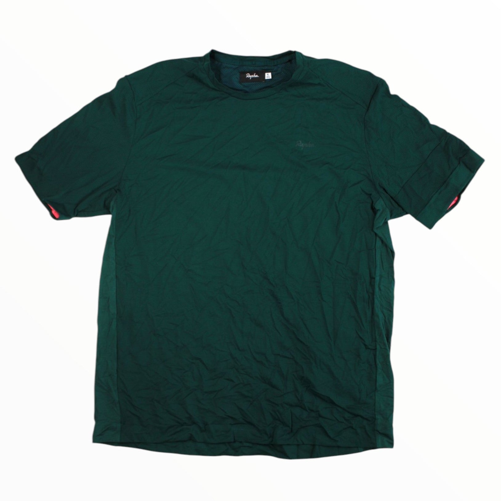 Dark green technical T-shirt with crew neck and short sleeves, red trim at sleeve hem