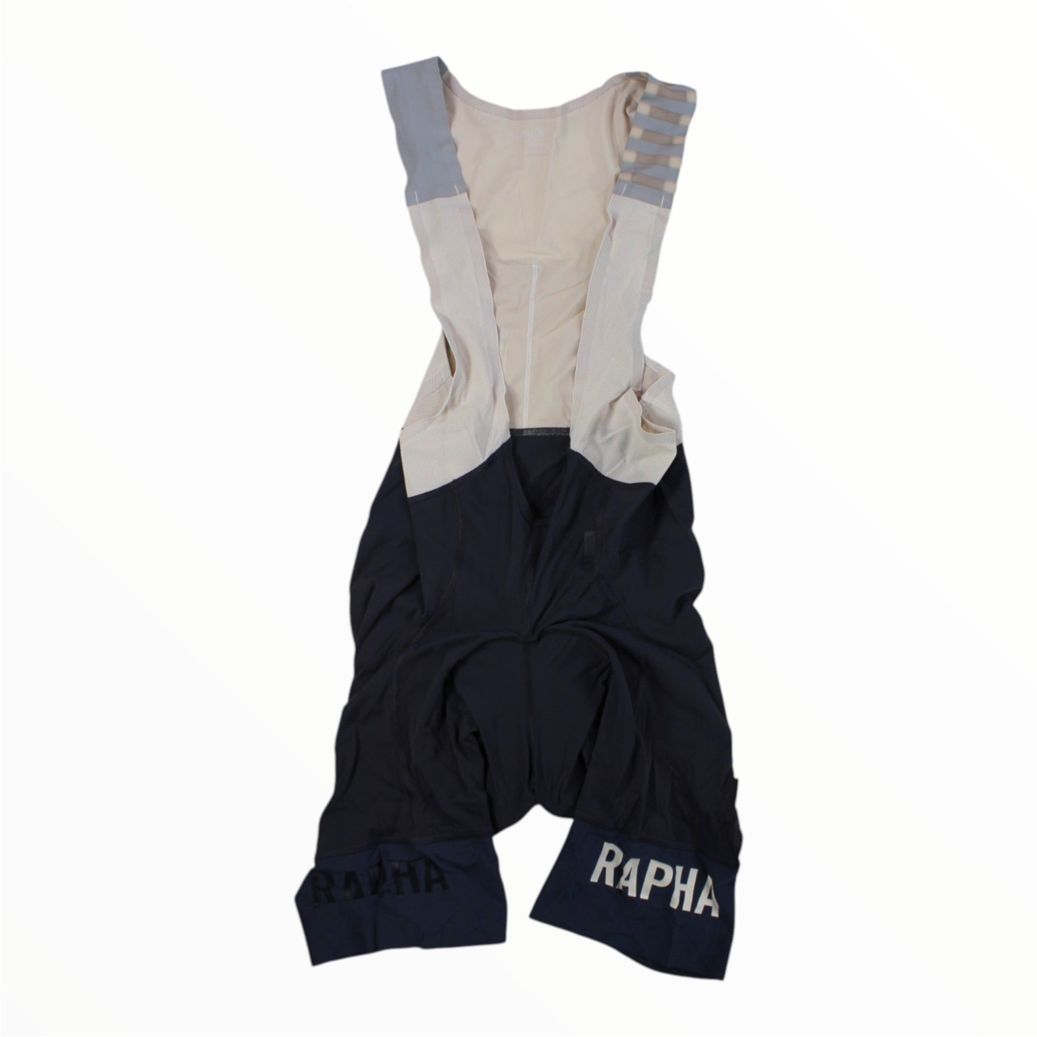 Men's cycling bib shorts with light grey upper and black legs, Rapha logos on hems