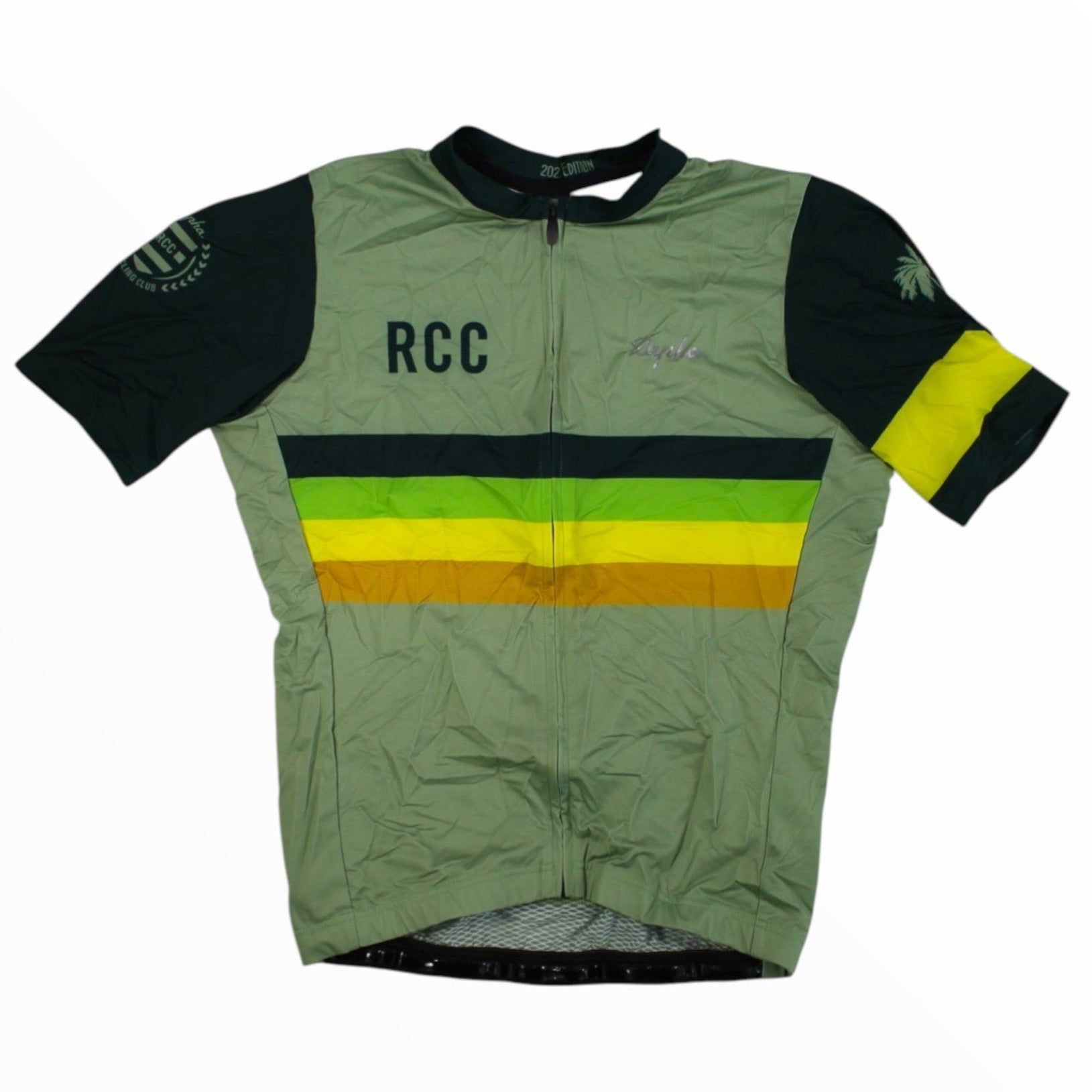 Green cycling jersey with yellow and blue horizontal stripes, black sleeves, full zipper