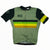 Green cycling jersey with yellow and blue horizontal stripes, black sleeves, full zipper