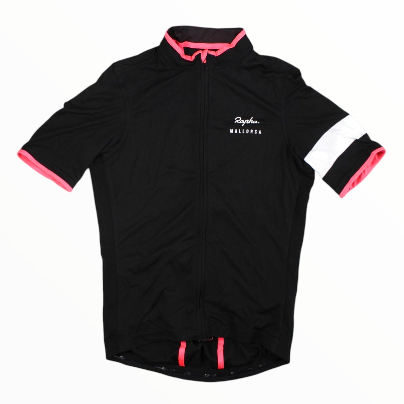Men's Rapha super lightweight cycling jersey, black with pink collar and white/gray sleeve accents