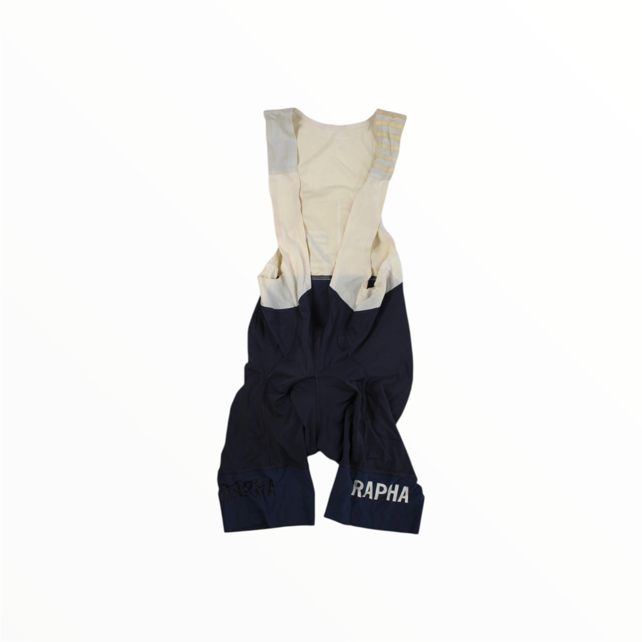 Men's cycling bib shorts with cream upper and navy shorts, Rapha logo on right side