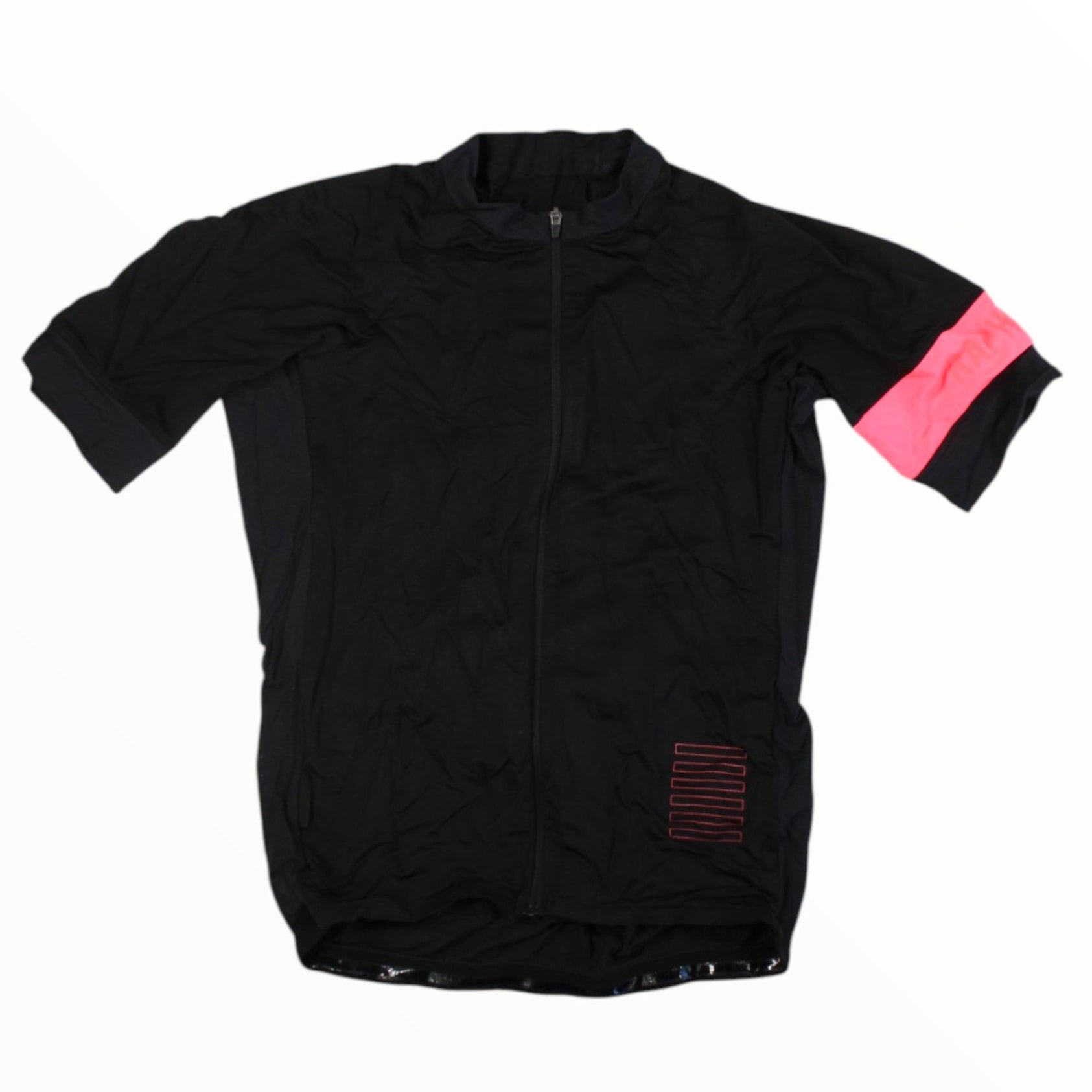 Black short-sleeve cycling jersey with full zipper and pink sleeve accent