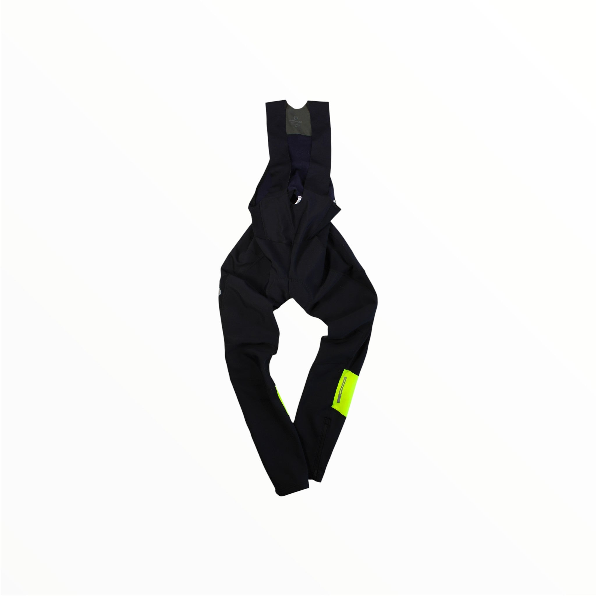 Men's black thermal cycling bib tights with neon yellow side panel and bib straps