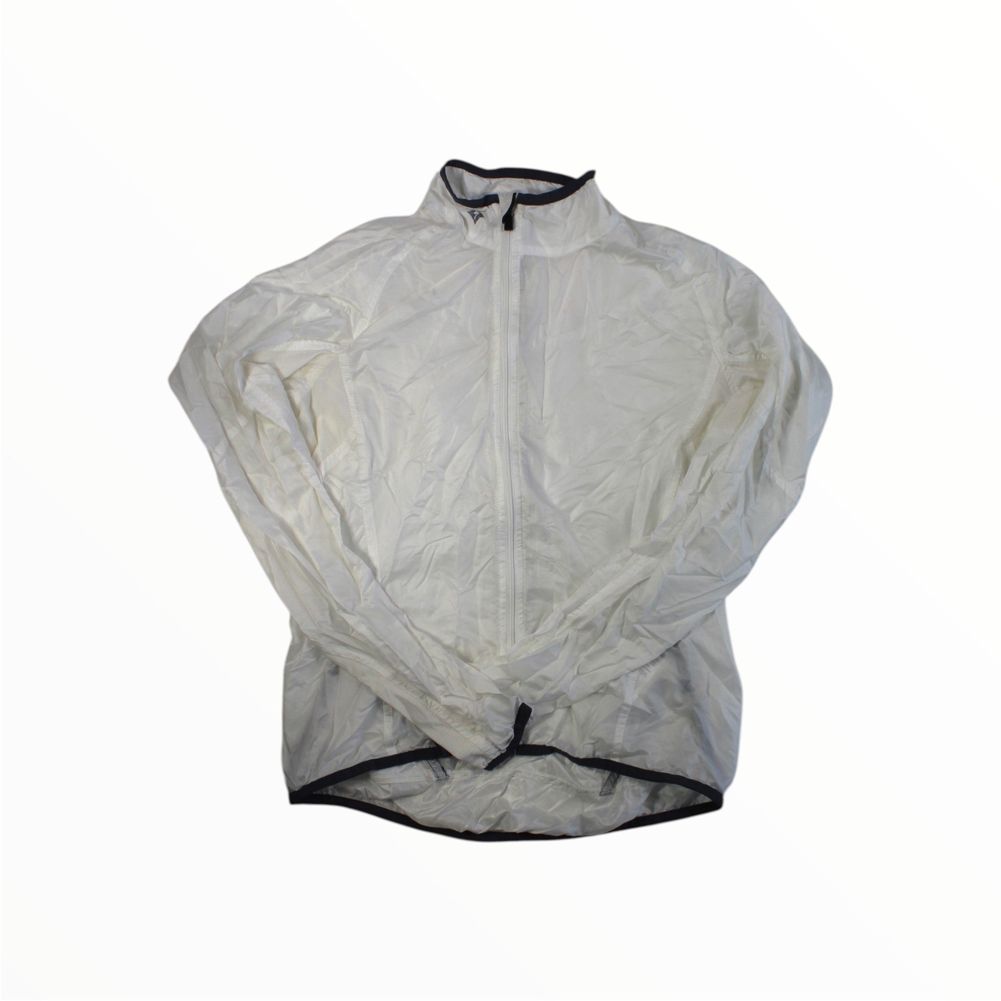Introducing the Specialized Wind Jacket by Specialized—a lightweight, packable wind jacket in white, featuring black trim on the collar, zipper, cuffs, and hem. Perfect for outdoor activities, this jacket is shown laid flat against a white background.