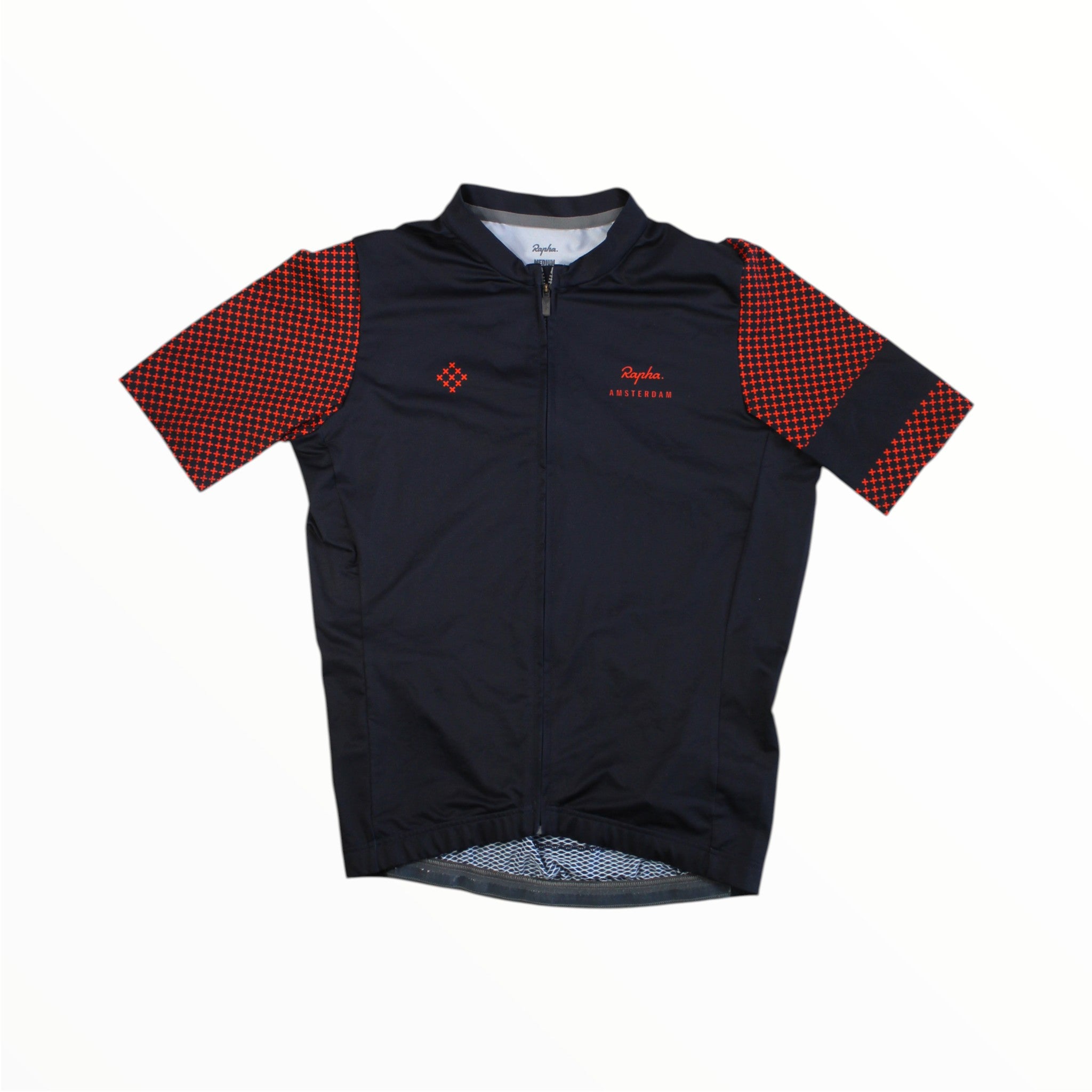 The Rapha Clubhouse Merch Midweight Race Jersey by Rapha is a short-sleeve black midweight race jersey featuring red patterned sleeves, a front zipper, small diamond logo on the chest, and "Rapha Amsterdam" text on the left side—a standout cycling jersey inspired by the spirit of the Rapha Clubhouse.