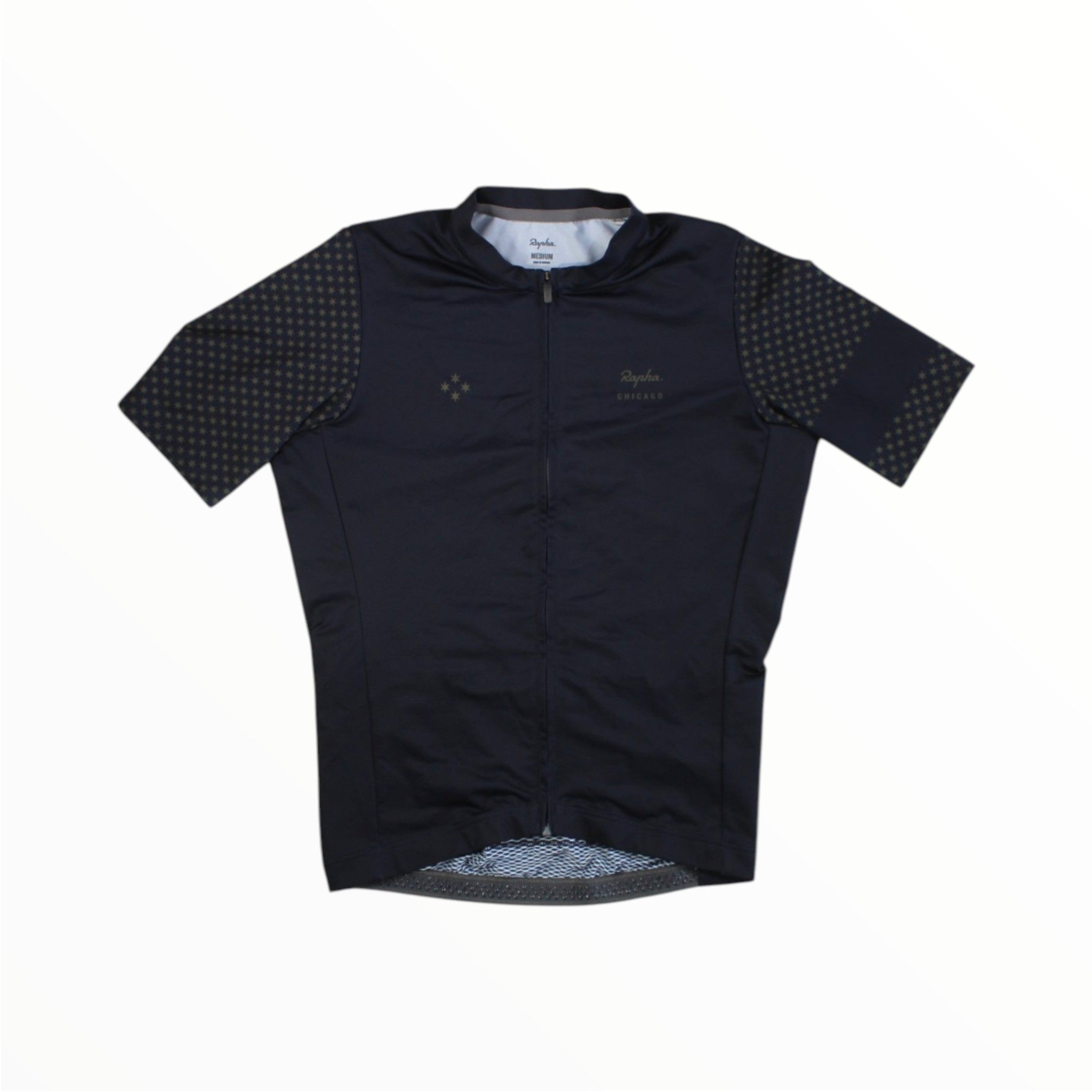The Rapha Clubhouse Merch Midweight Race Jersey by Rapha features short sleeves, a front zipper, a subtle dot pattern on the sleeves, and a small chest logo. Displayed on a white background, this black jersey is ideal for long rides or visits to your local Rapha Clubhouse.