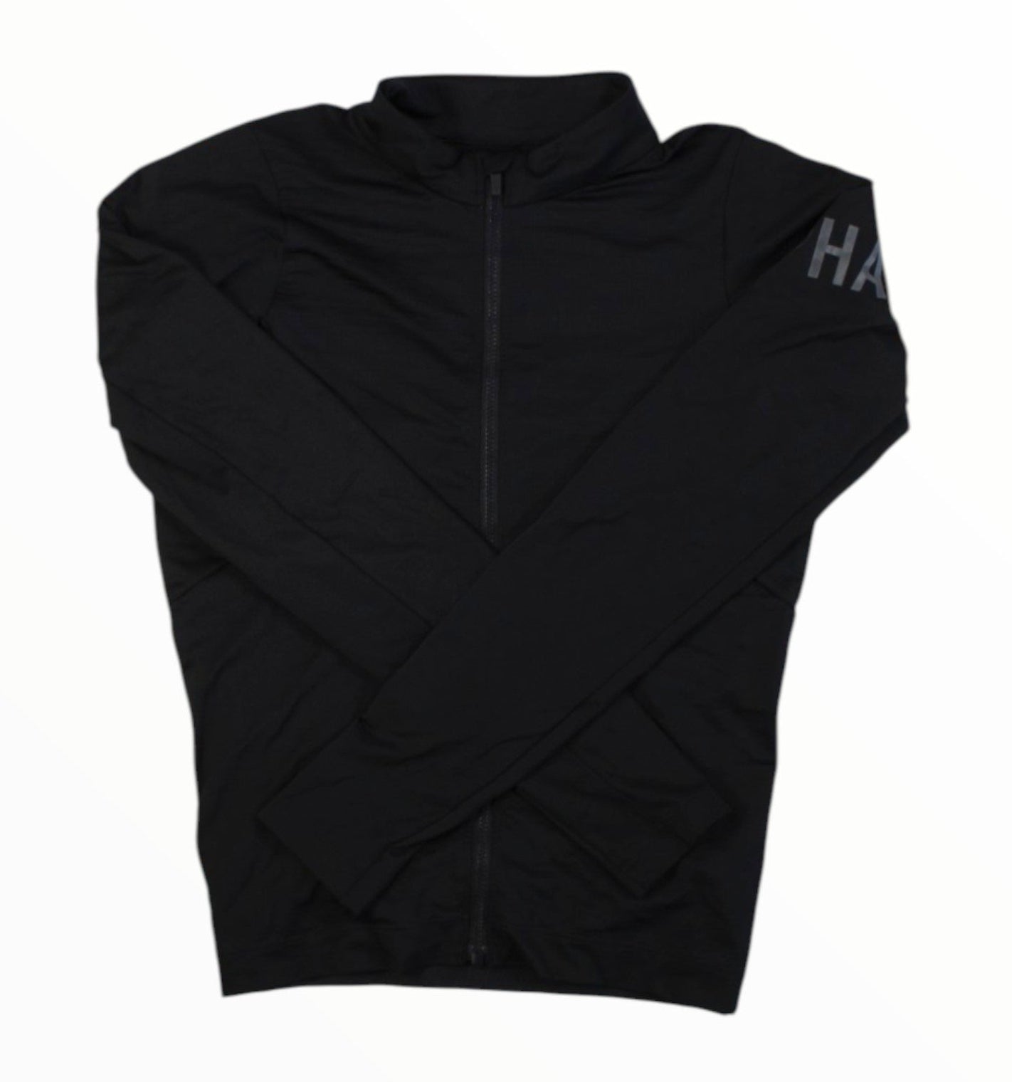 Men's black long-sleeve cycling jersey with full-zip front and raised collar.