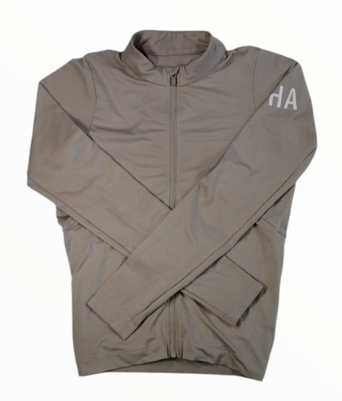 Men's taupe long-sleeve cycling jersey with full-zip front and raised collar.