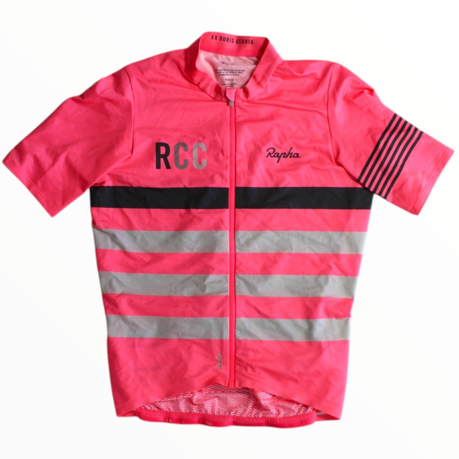 Midweight cycling jersey in bright pink with gray stripe panel and RCC logo on chest
