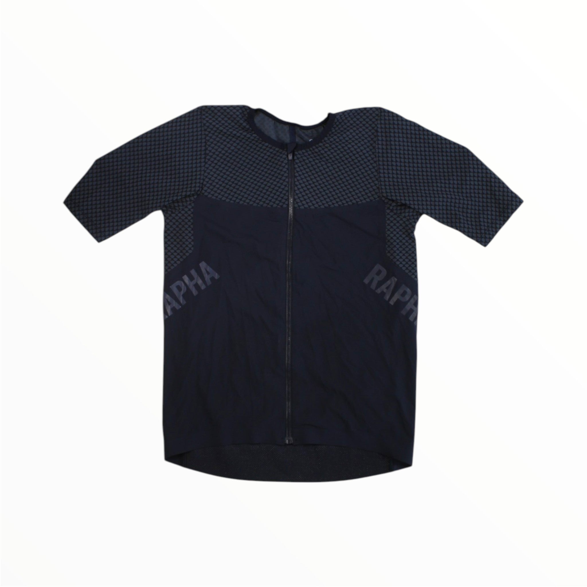 Men's Rapha pro team crit jersey, dark navy with textured shoulders, full front zip.