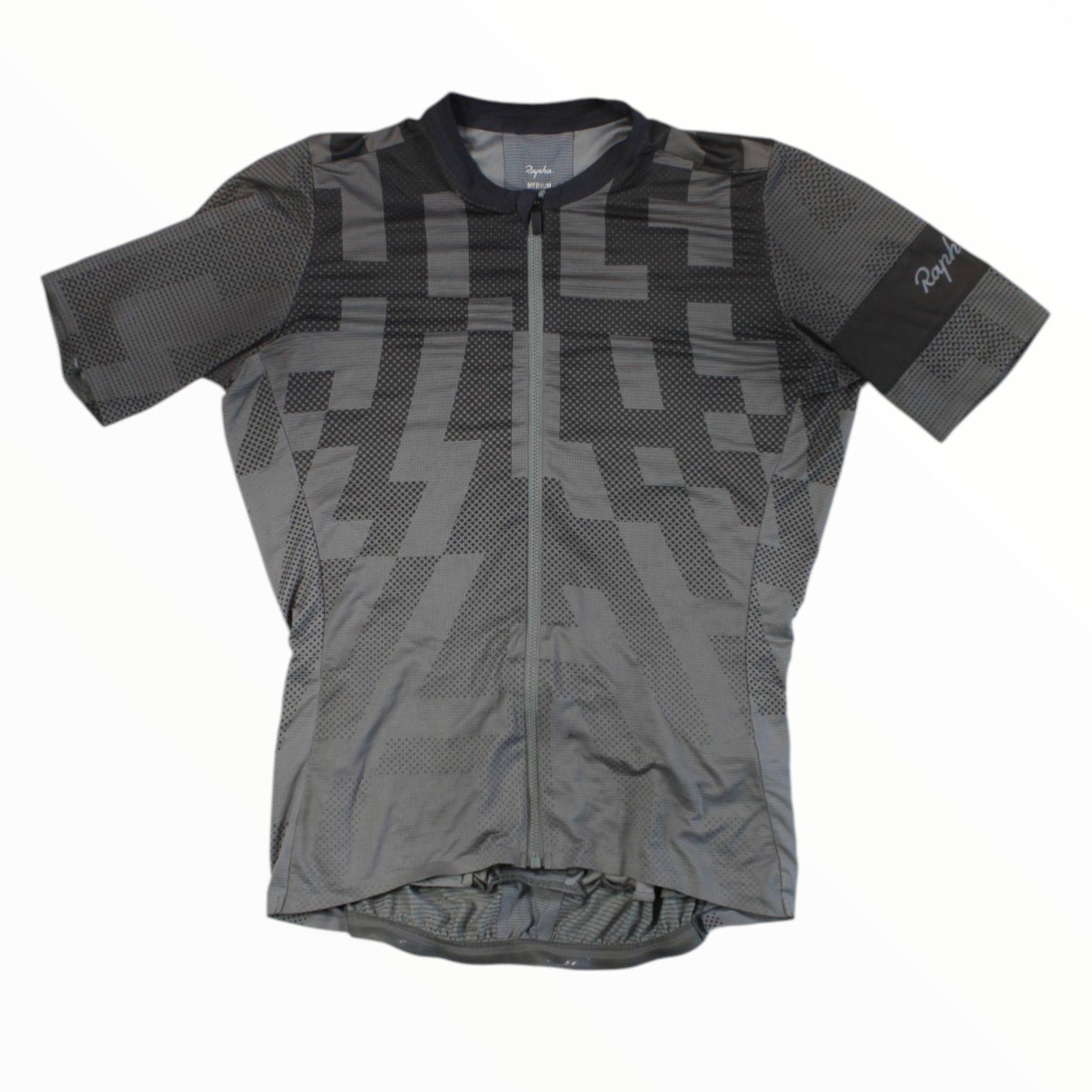 Dark gray short-sleeve cycling jersey with geometric pattern and full-length zipper