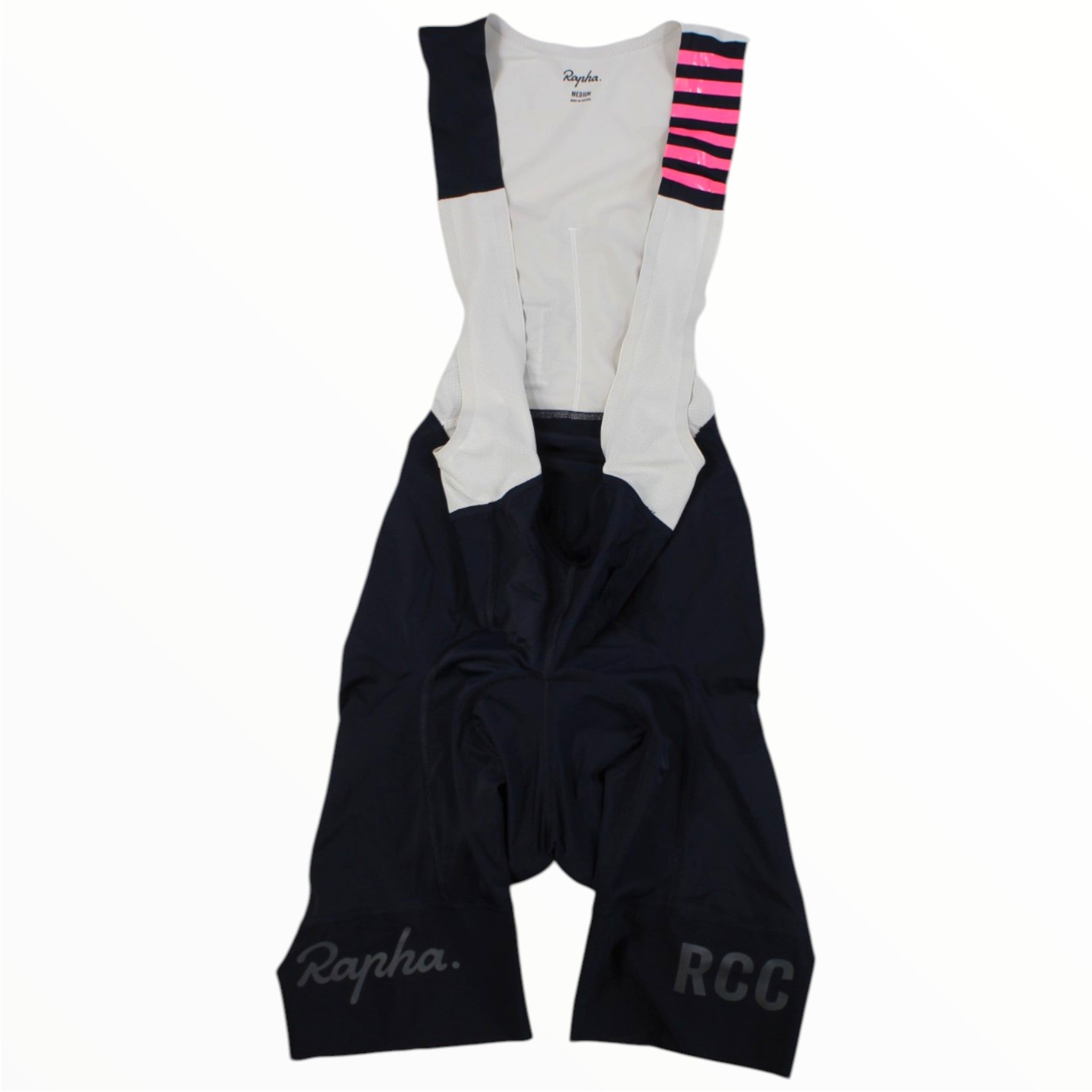 Men's cycling bib shorts with white upper and dark navy legs, multicolor cuff stripes