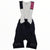 Men's cycling bib shorts with white upper and dark navy legs, multicolor cuff stripes