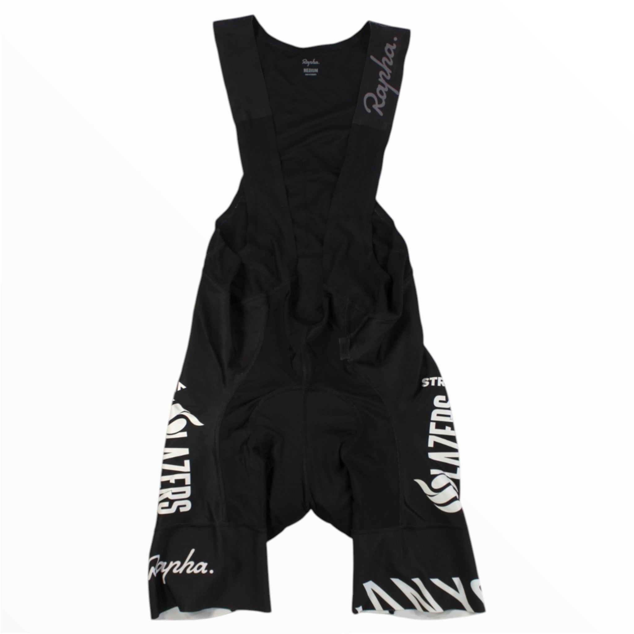 Men's cycling bib shorts, black with white text logos and diagonal branding on legs