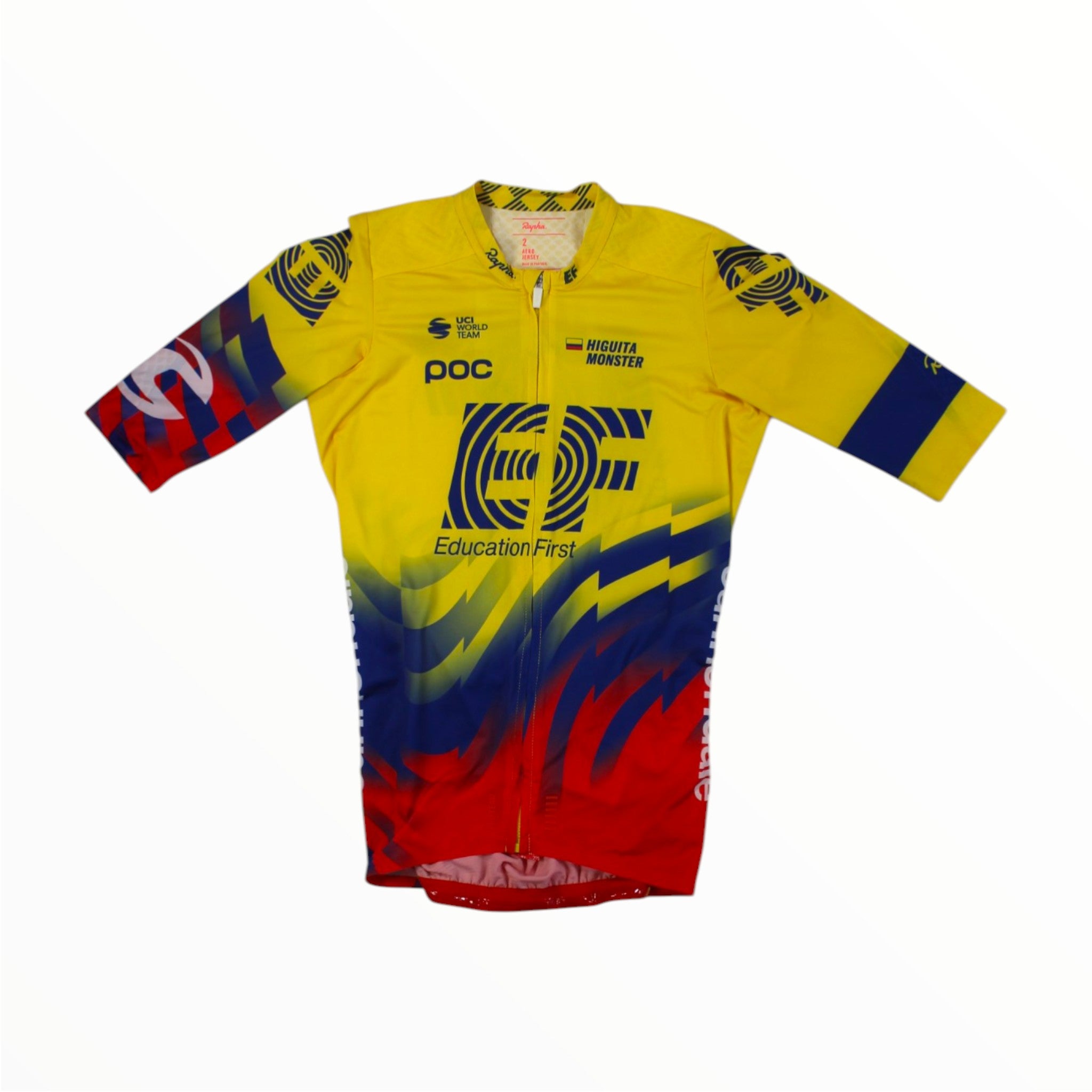 The Rapha EF Education First Pro Team Aero Jersey is a yellow, short-sleeve cycling jersey featuring blue and red accents, sponsor logos, and “Education First” text on the front. Designed by Rapha from breathable fabric, it offers optimal comfort during intense rides.