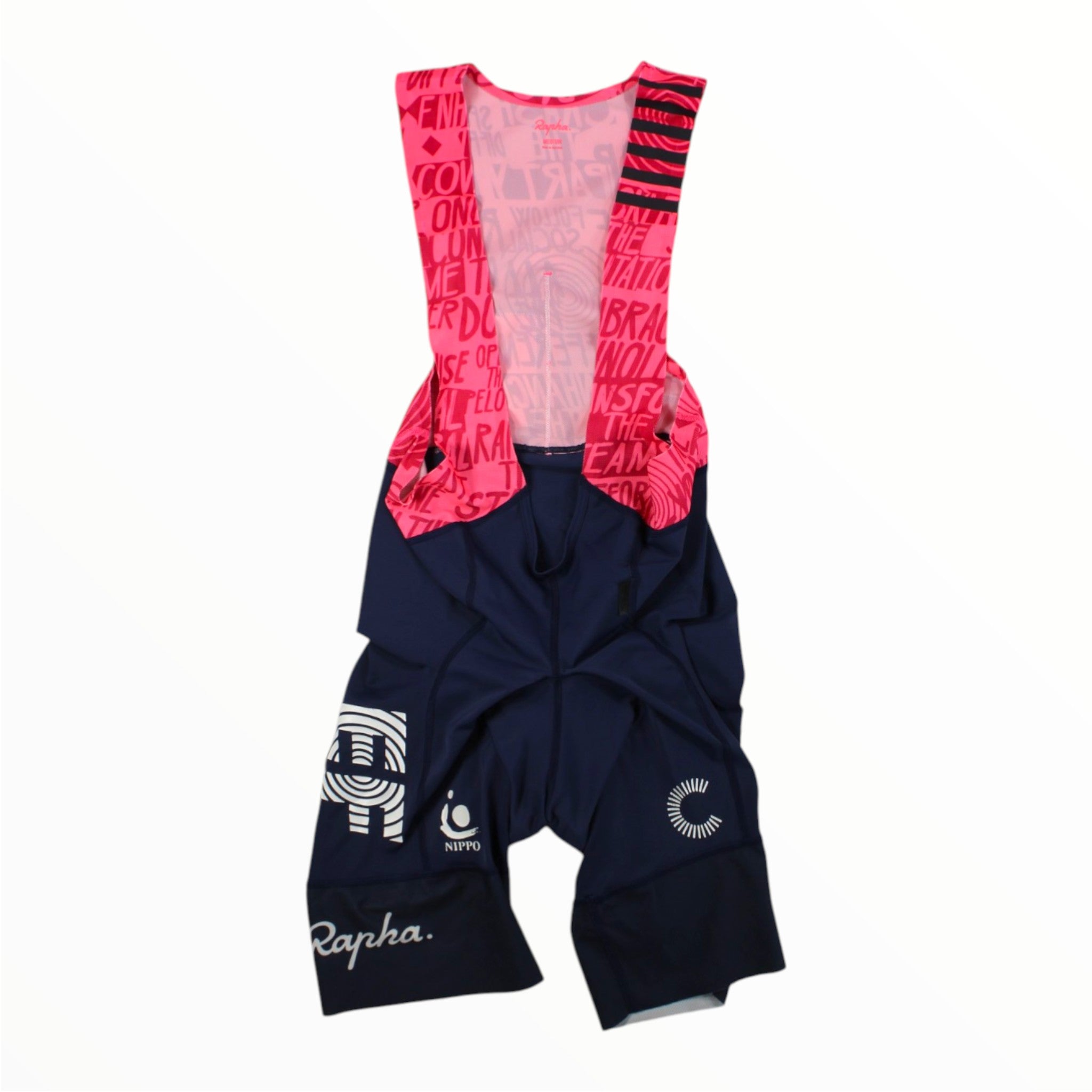Navy and pink cycling bib shorts with bib straps and Rapha logos