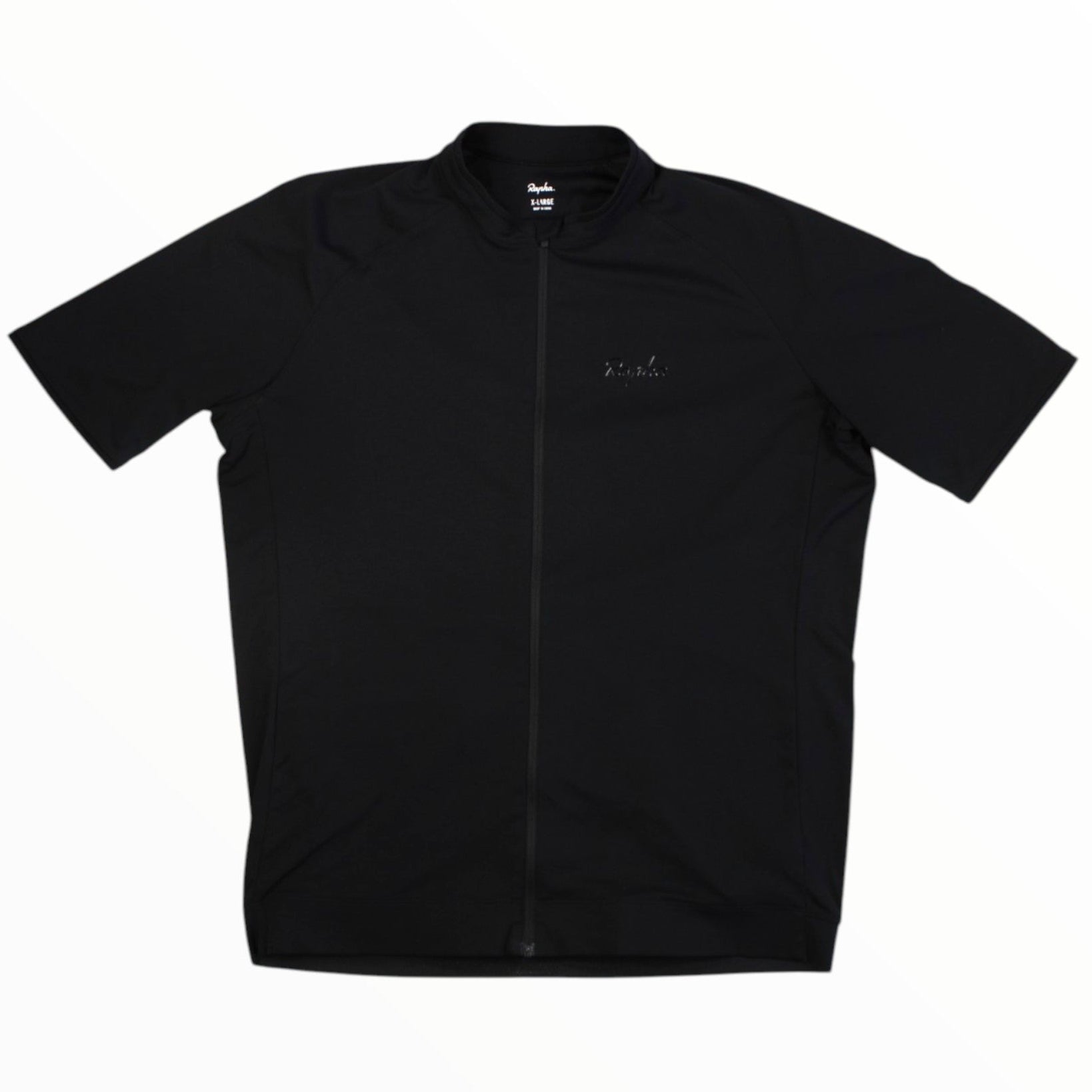Men's short-sleeve full-zip cycling jersey with stand collar, black with small chest logo