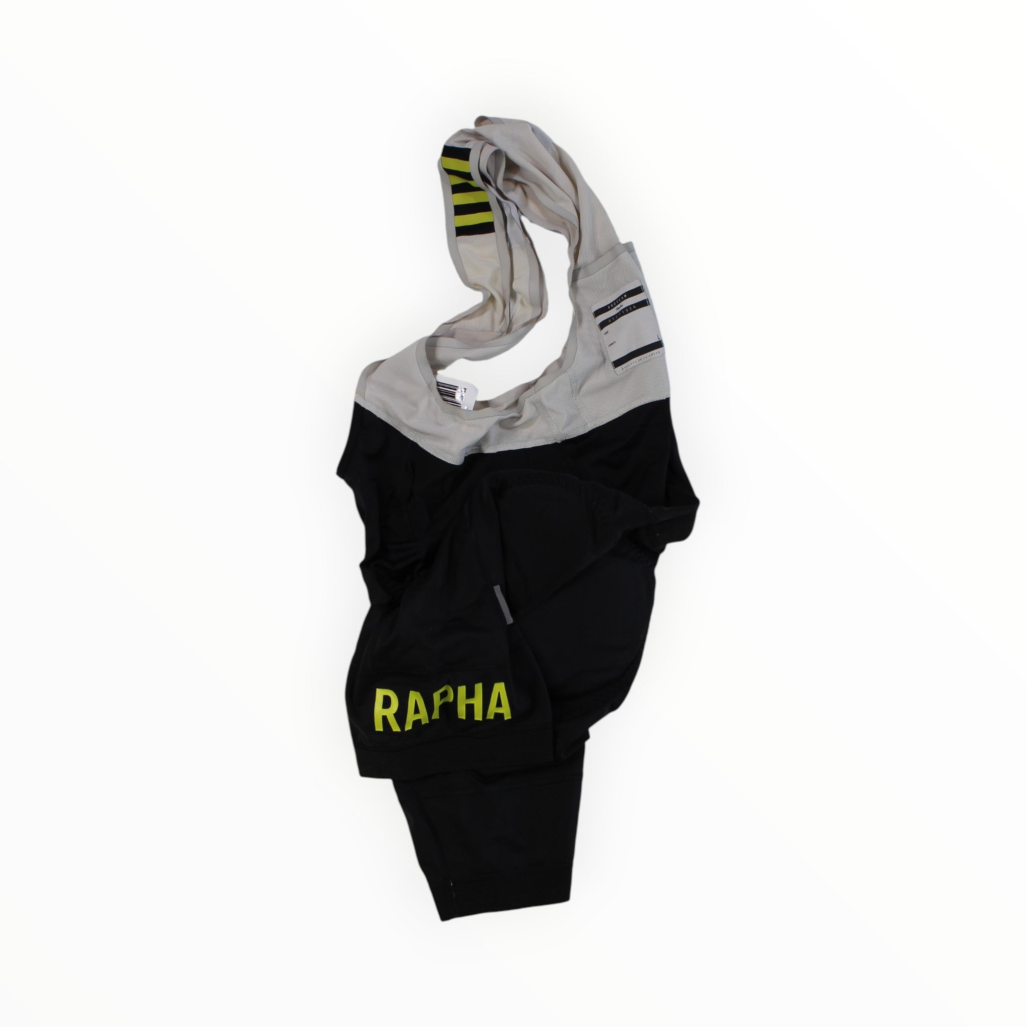 Men's black cycling bib shorts with neon green Rapha logo and gray shoulder straps
