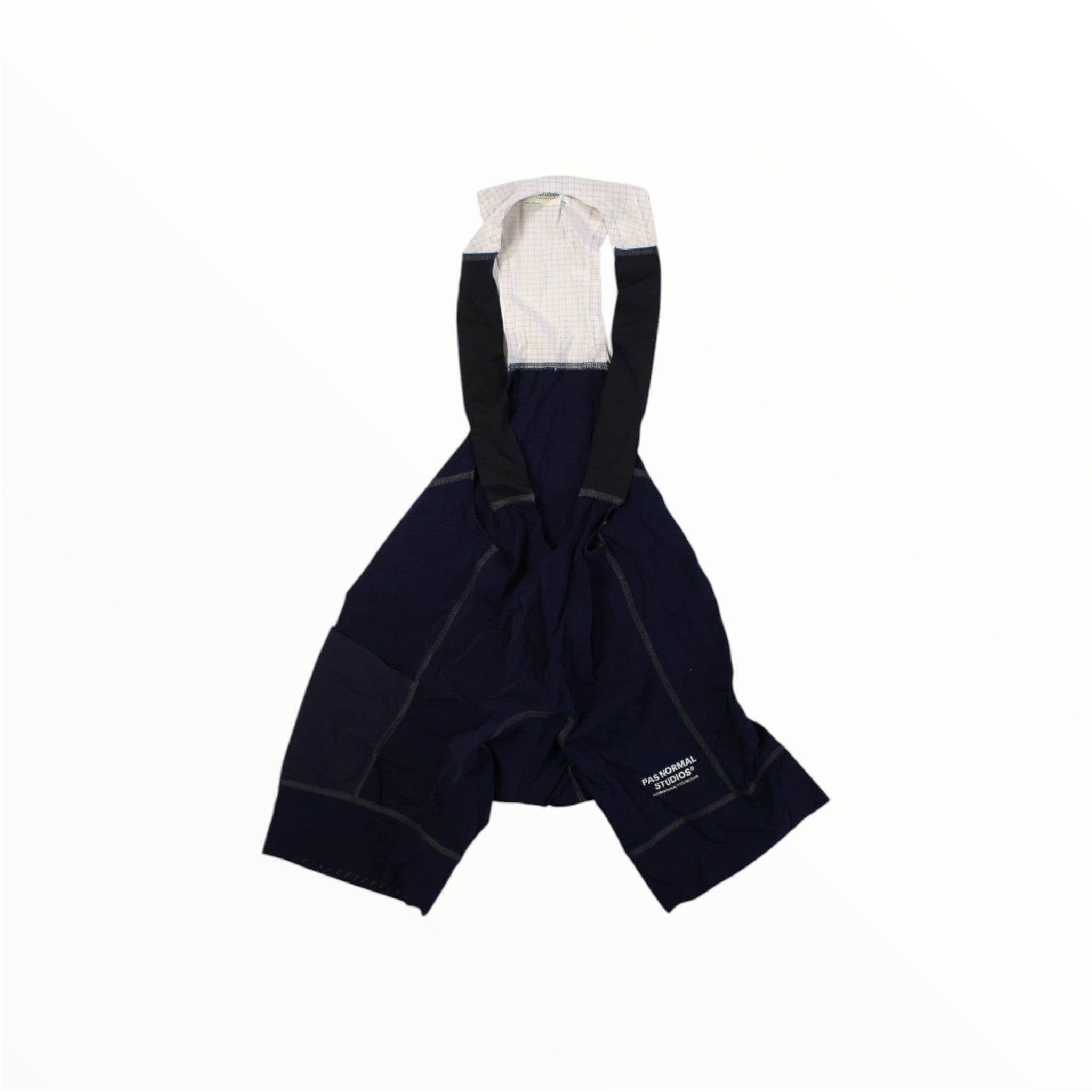 Navy hooded cycling bib shorts with drawstring waist and logo patch