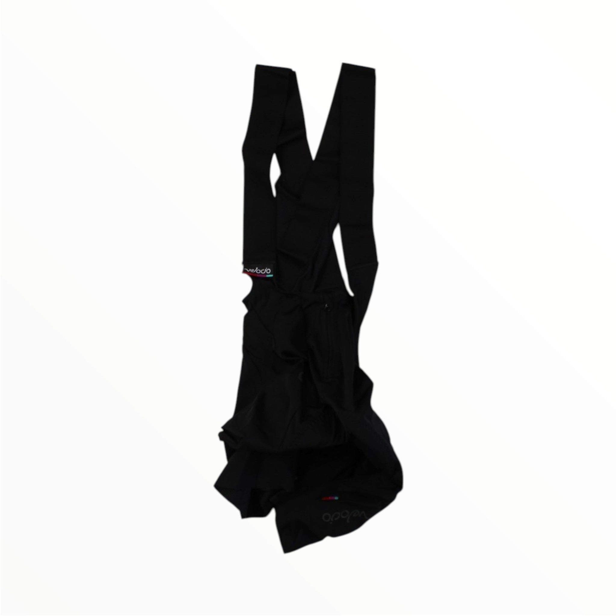 Black cycling bib shorts with long straps and padded leg panels