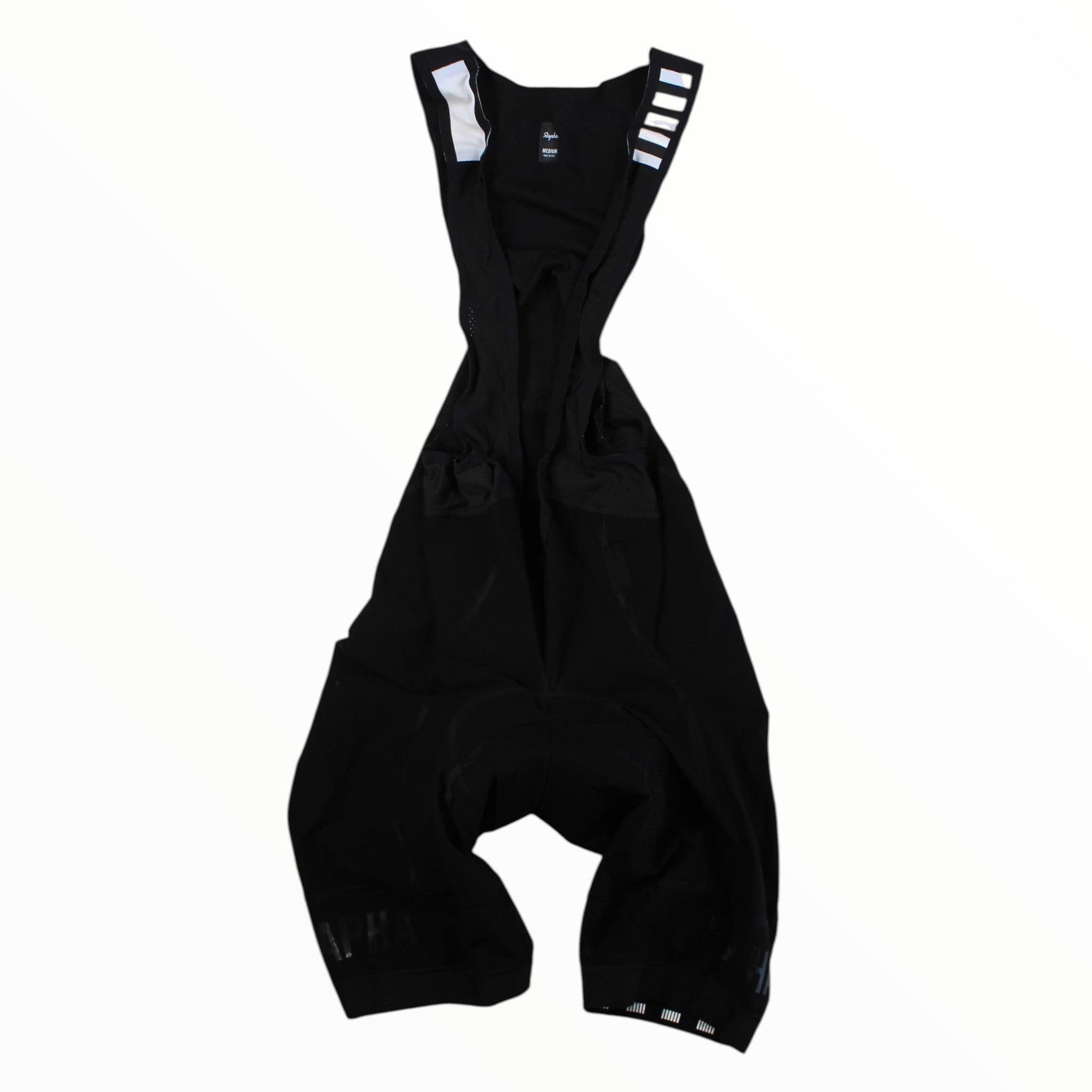 Men's black cycling bib shorts with side panels and white stripe logo on straps