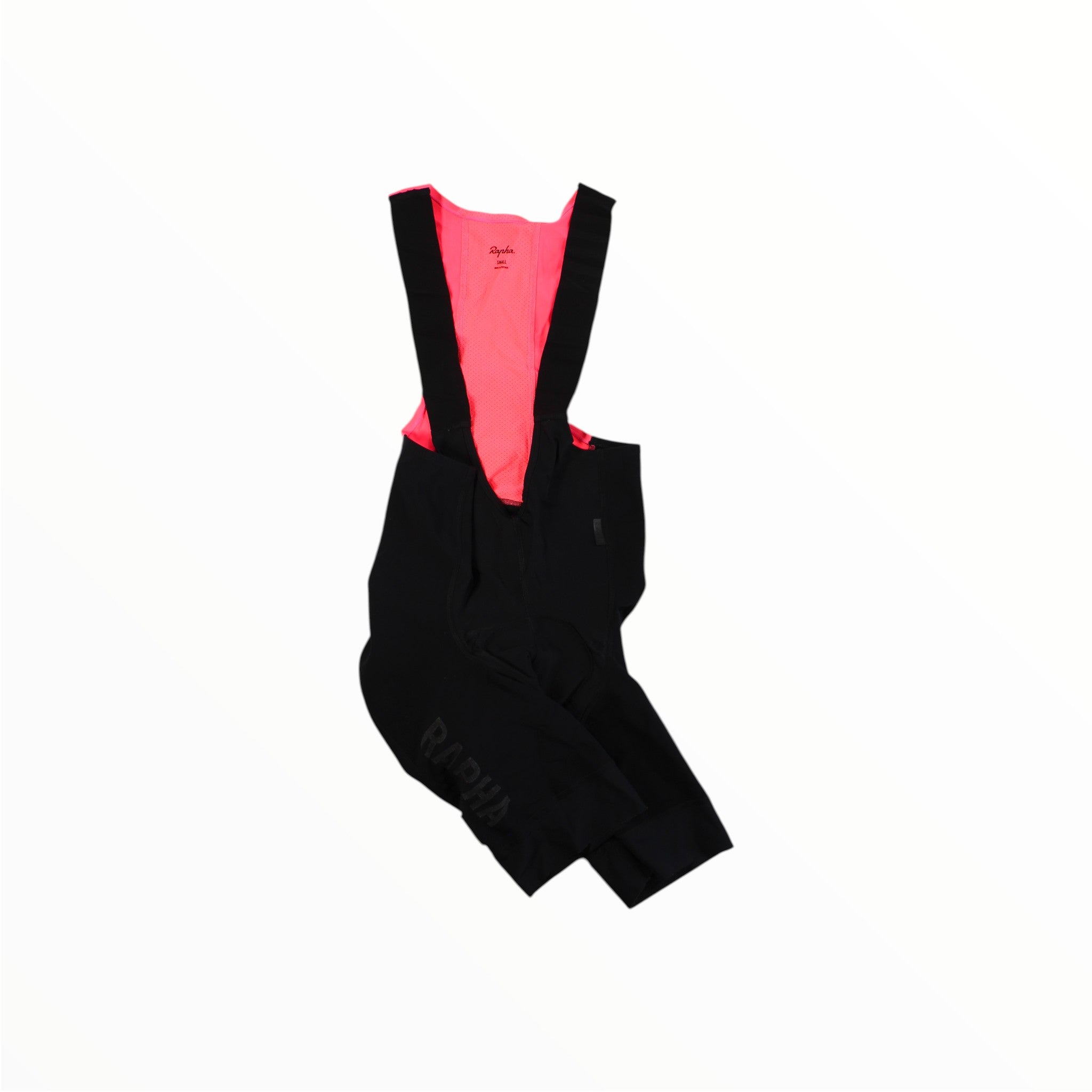 Black and pink thermal bib shorts with front bib panel and wide leg cuffs.