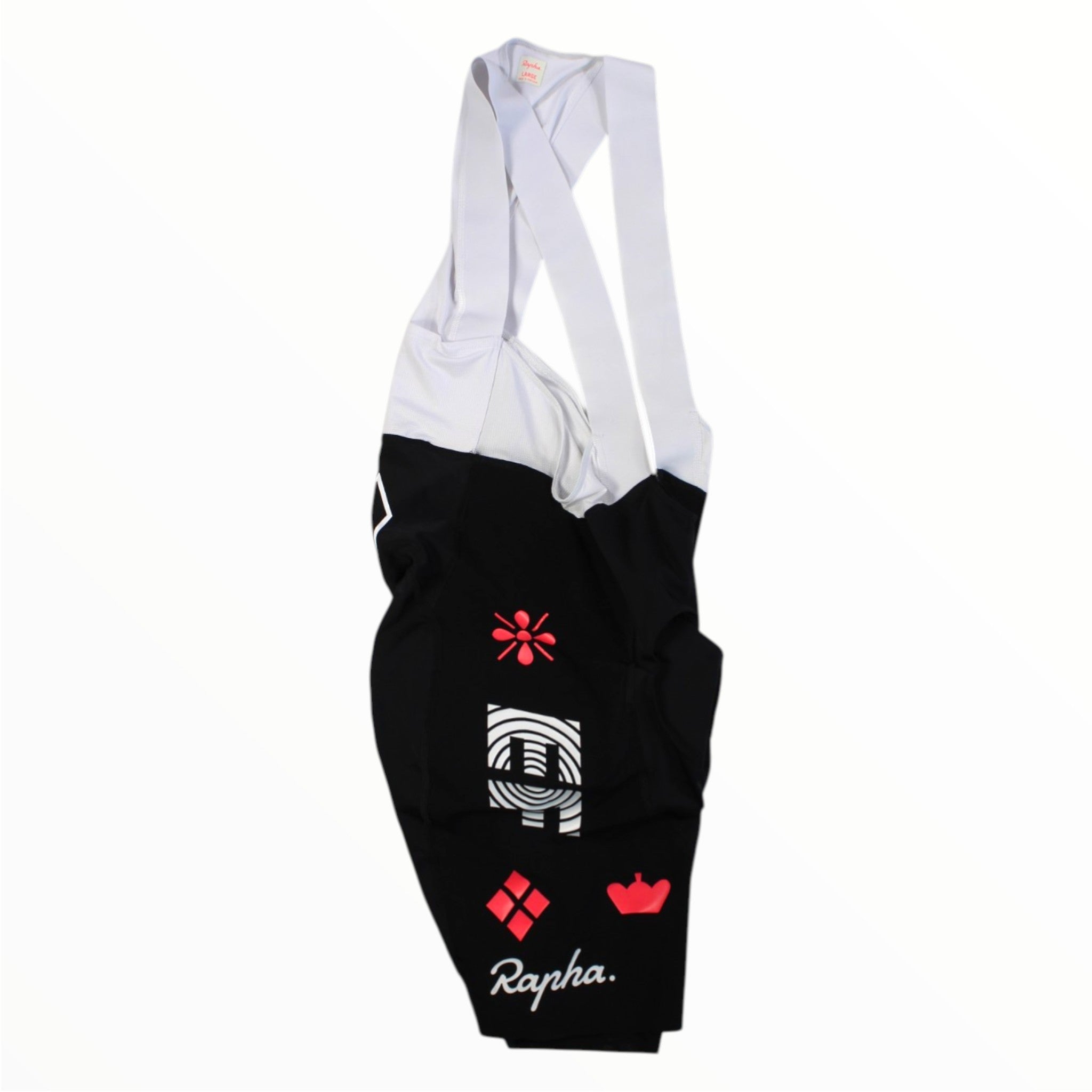Men's cycling bib shorts with white straps and black legs, red and white graphics