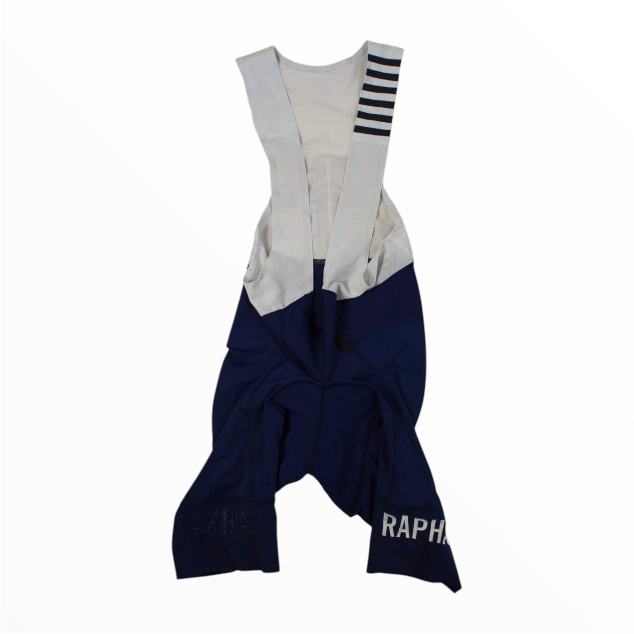 Men's cycling bib shorts, navy with white panels and striped straps, Rapha logo