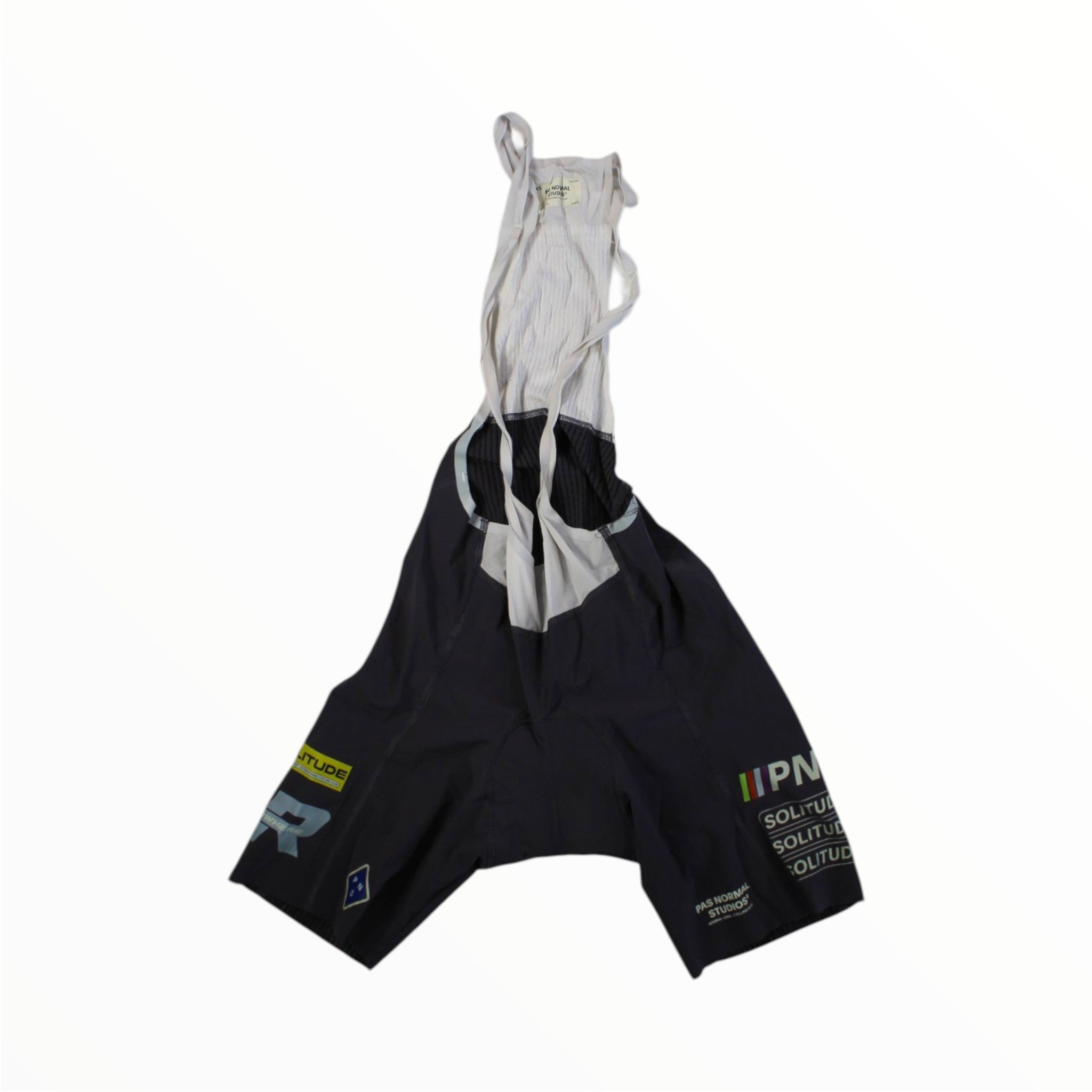 Two-tone hooded cycling bib shorts, white upper with black legs and printed logos