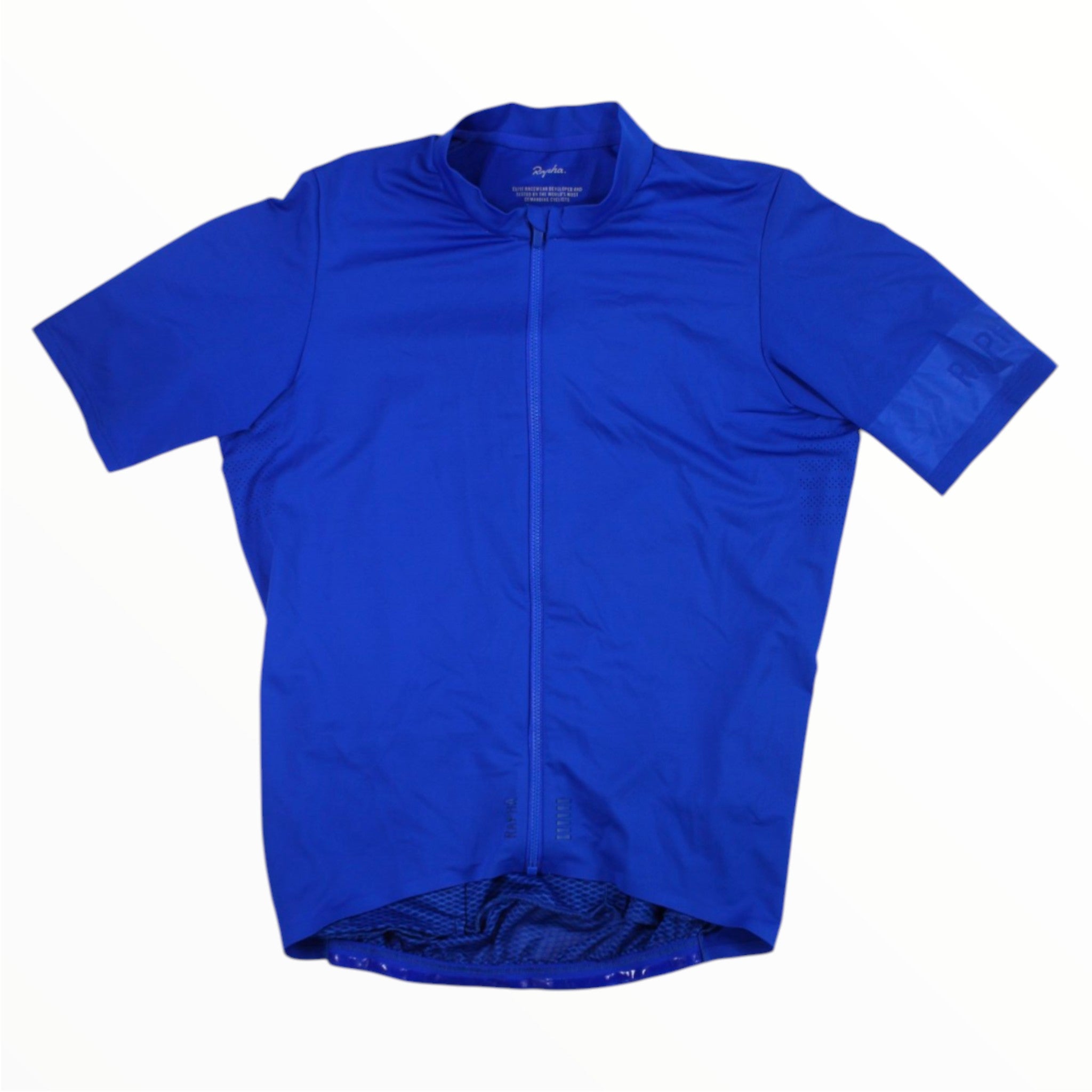 Blue short-sleeve cycling jersey with full front zipper and stand collar