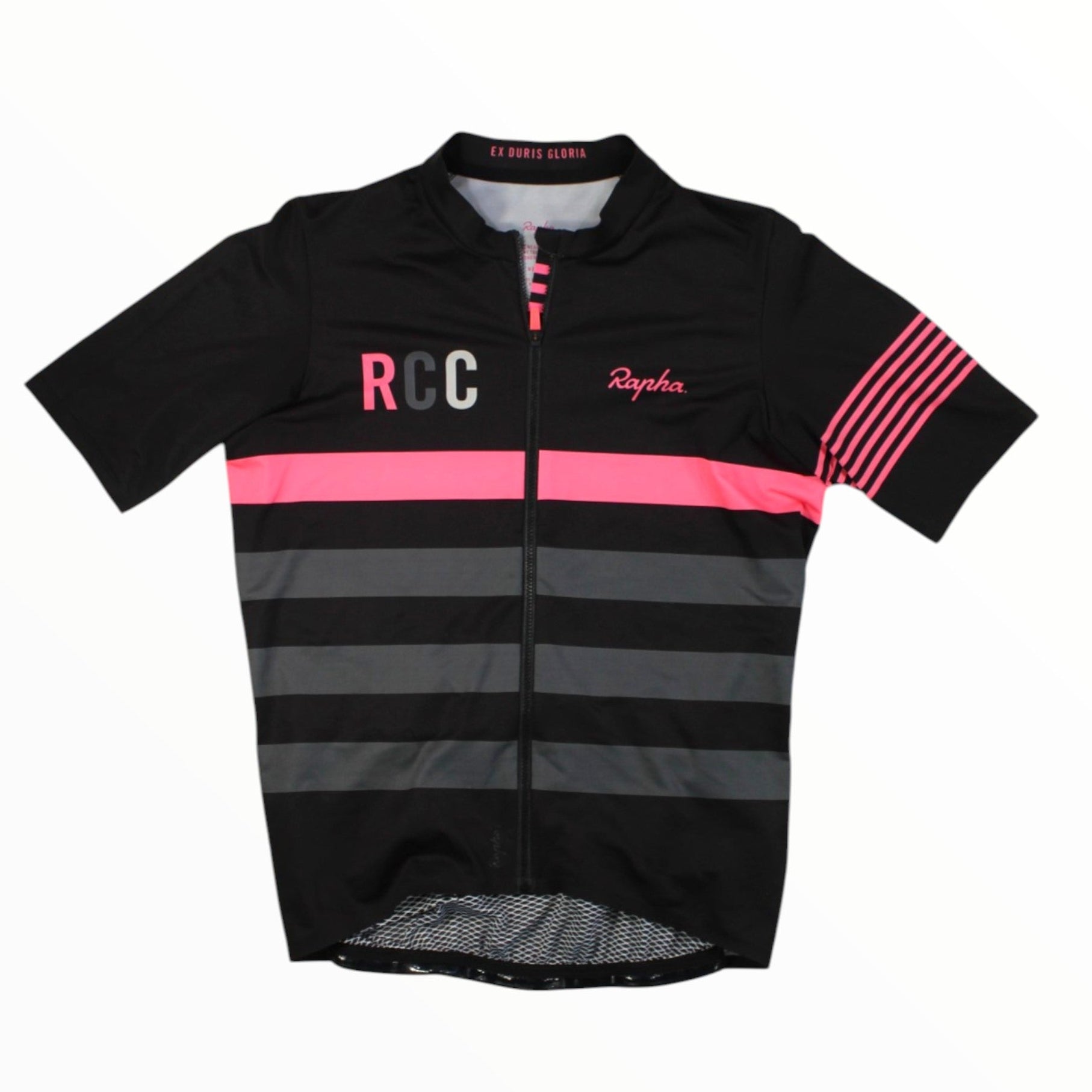 Midweight cycling jersey in black with pink band and gray horizontal stripes, RCC logo