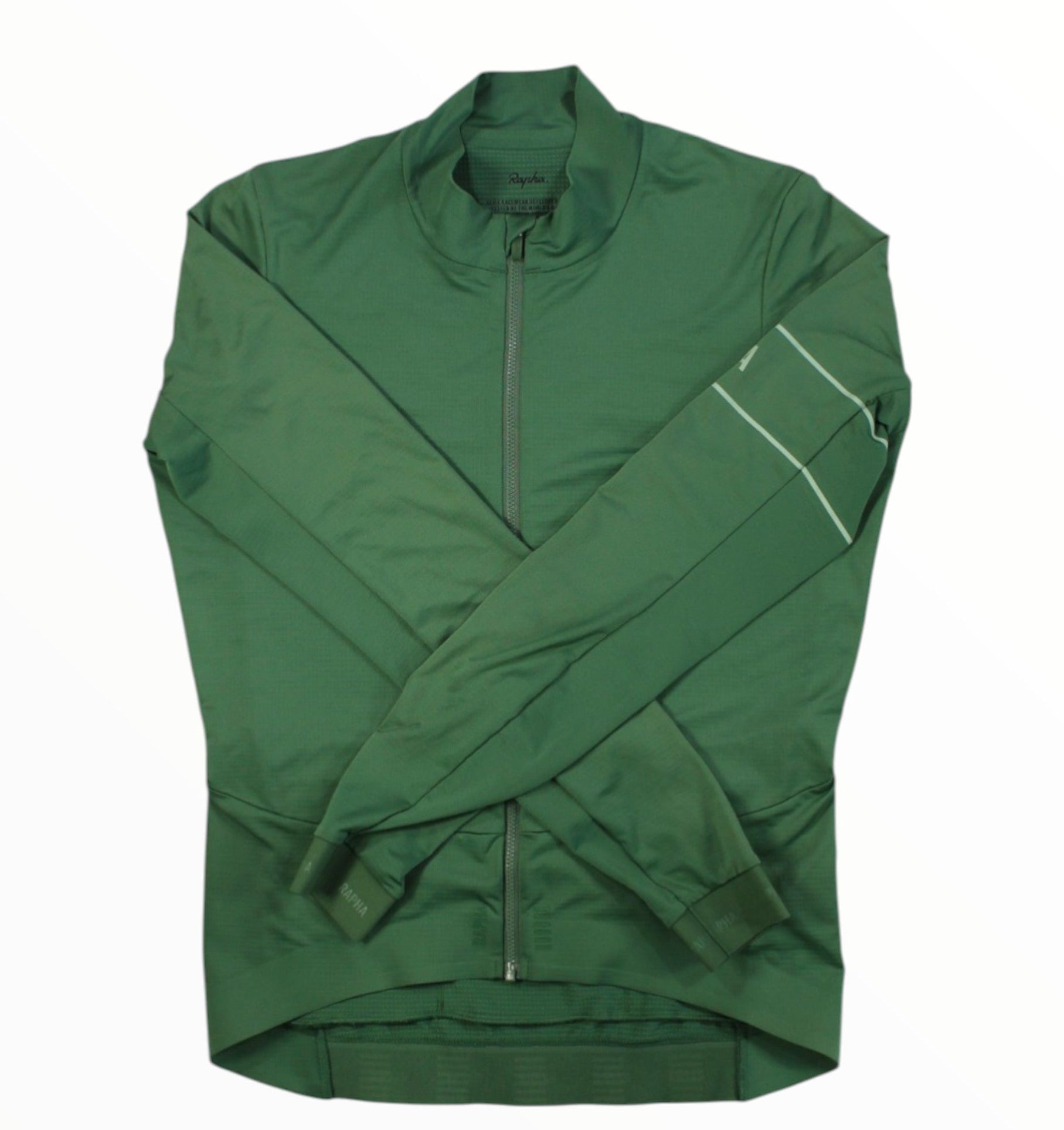 Men's green long-sleeve cycling jersey with full-zip front and raised collar.