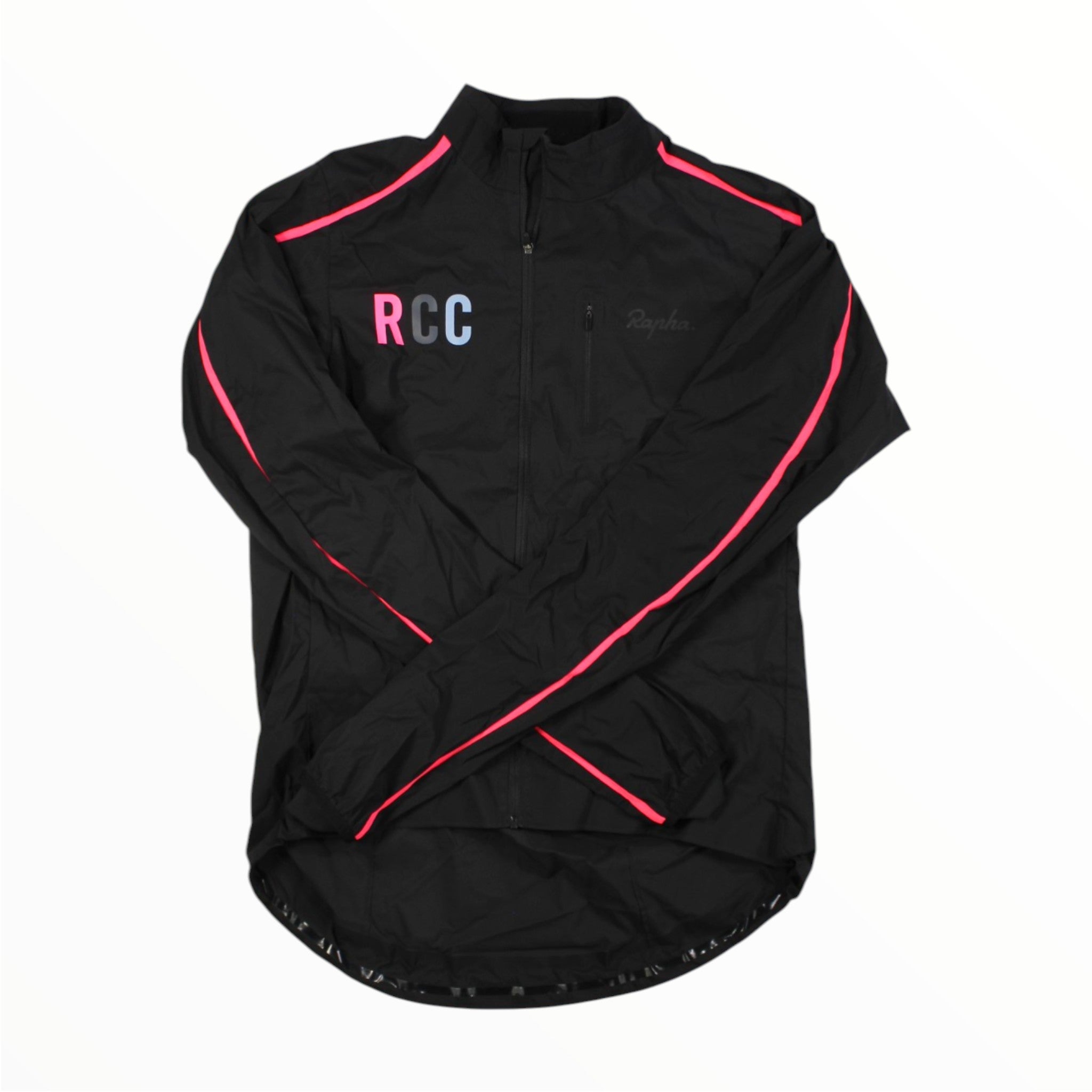 Men's black wind jacket with pink piping, full-zip front and long sleeves
