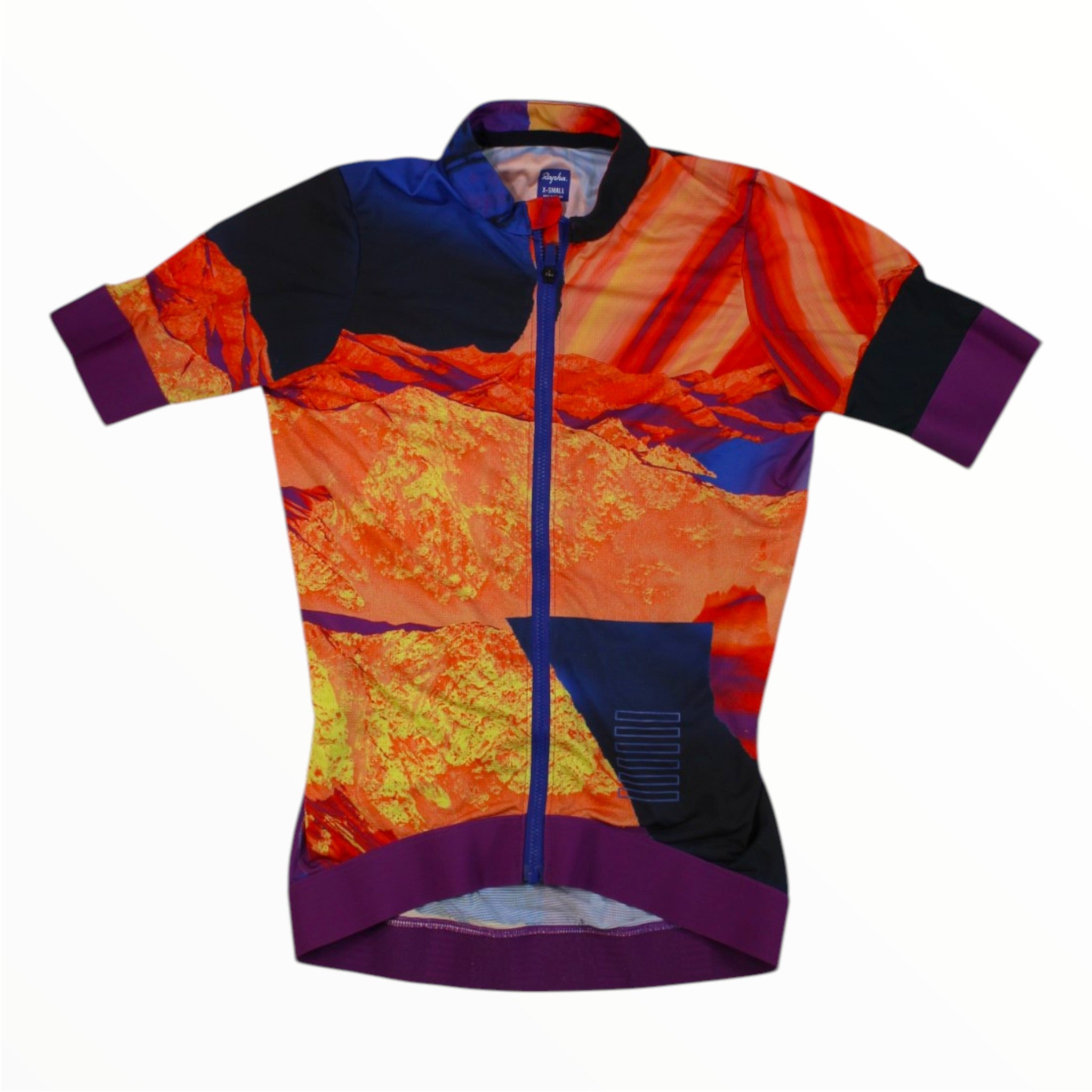 Women’s short-sleeve cycling training jersey, full-zip, orange, red, and purple graphic print