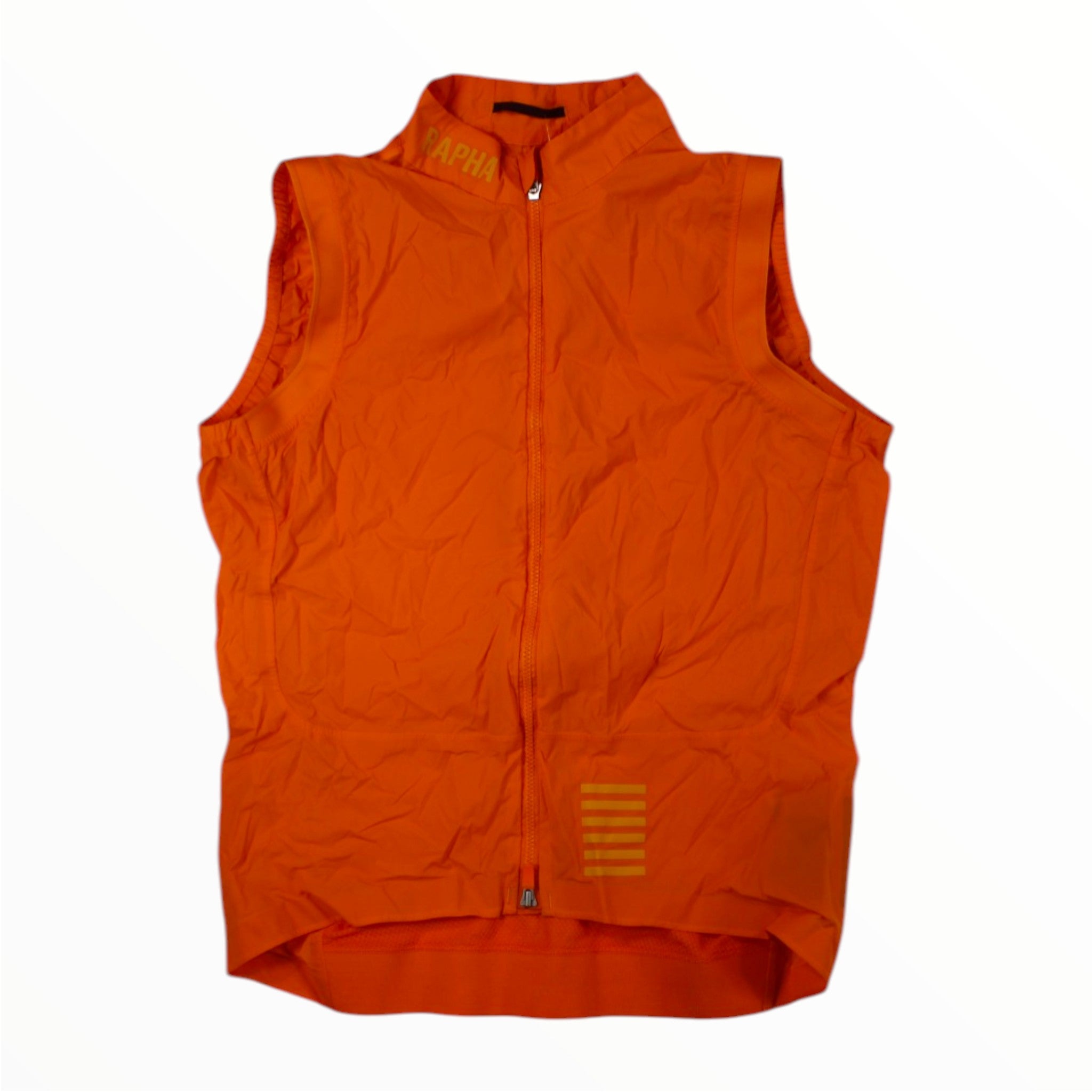 Men's lightweight gilet, orange, full-zip front with small yellow stripe logo