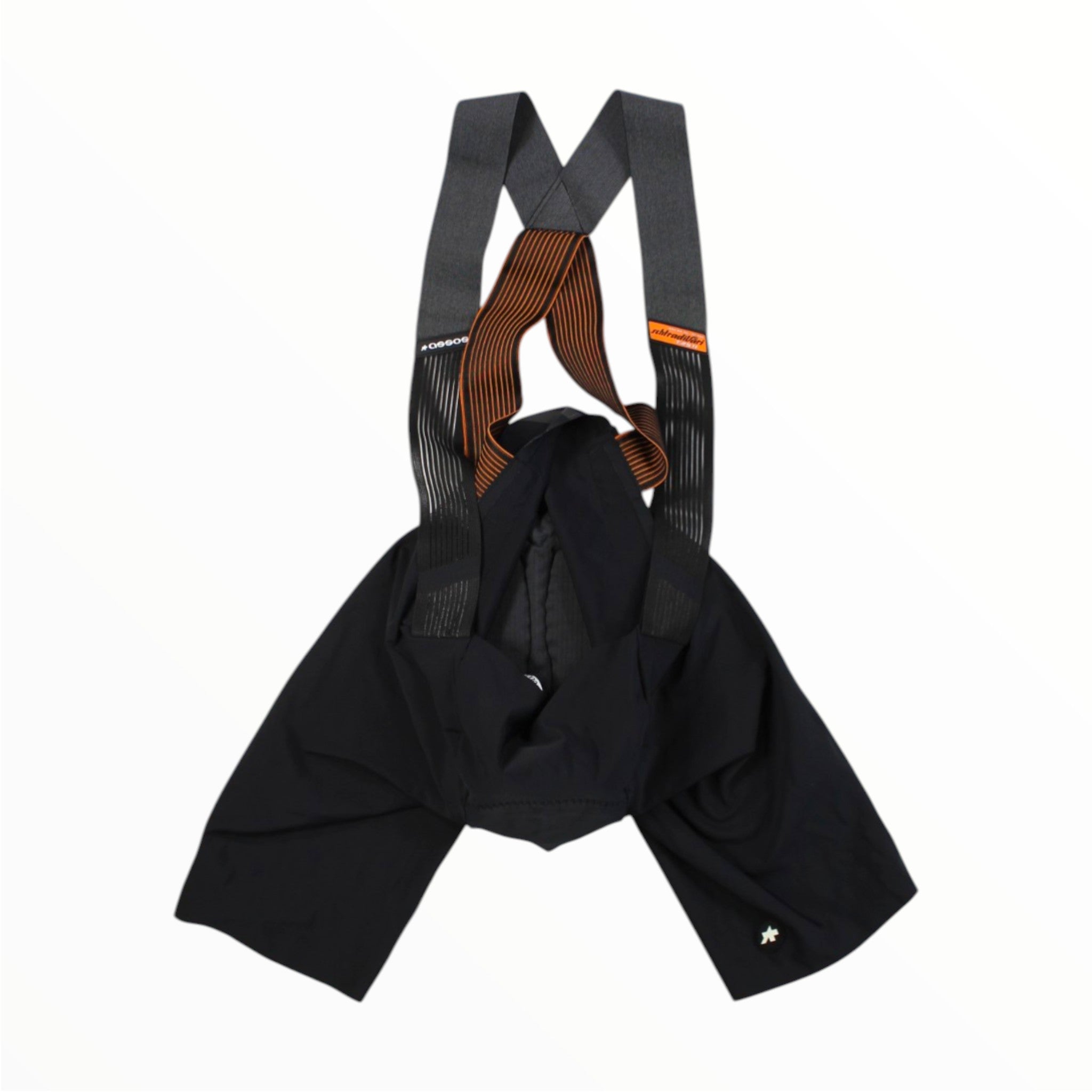 ASSOS men's cycling bib shorts, black with orange-red stripe panels