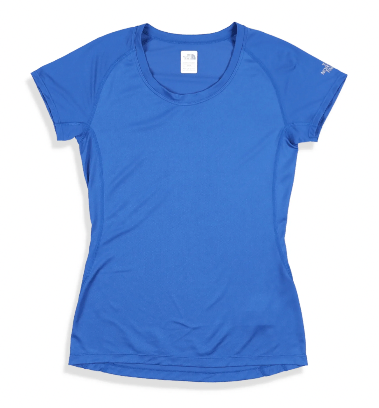 Women's blue short sleeve performance T-shirt with crew neck and small chest logo