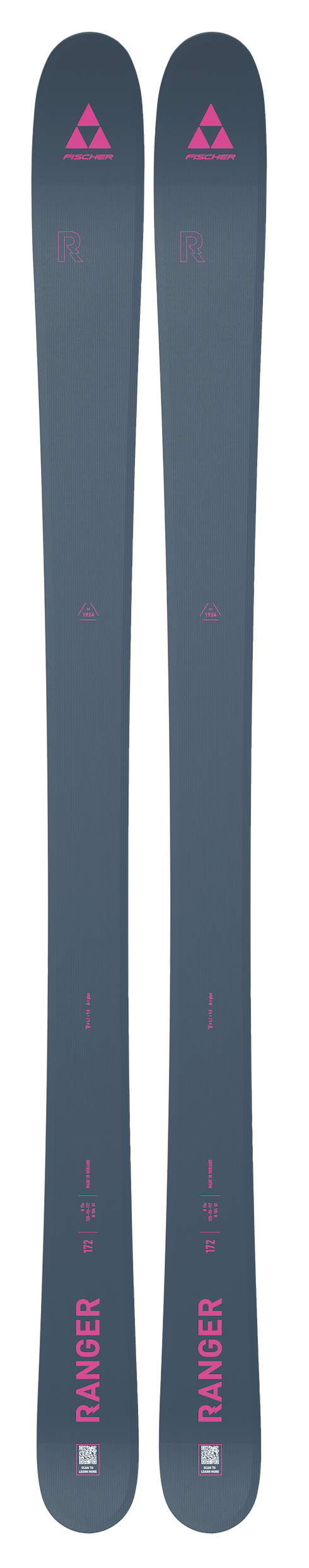 Pair of Fischer Ranger women's skis, blue-gray with pink RANGER logos.