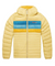 The Cotopaxi Women's Fuego Down Hooded Jacket is light yellow with lightweight, responsibly-sourced down, a hood, front zipper, blue and yellow chest stripes, and an orange Cotopaxi logo on the left chest.