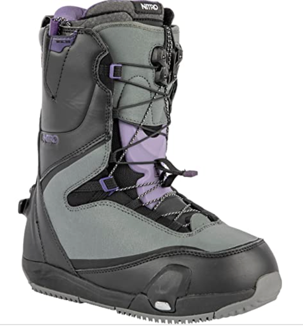 The Nitro Women's Cave TLS Step On Snowboard Boots feature a gray and black design with purple accents, black laces, a durable rubber sole, the Step On system, and are designed specifically for women.