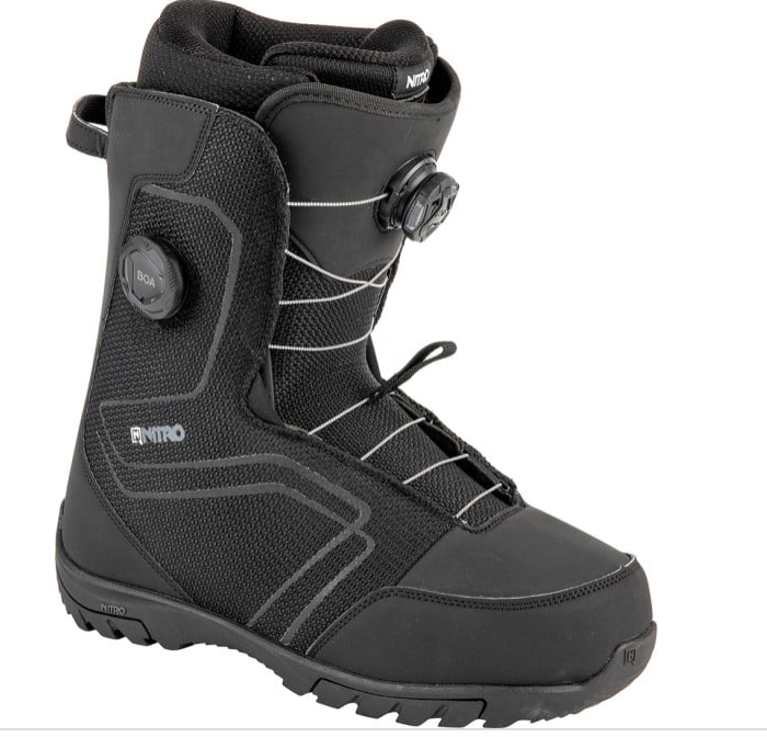 The Nitro Sentinel BOA Boots '24 feature a black design with textured sides, thick treaded sole, and BOA lacing system for secure closure. Reinforced stitching and ample padding offer comfort and support for snowboarding.