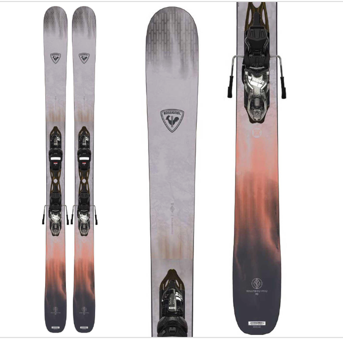 Rossignol Women's Rallybird 90 W Skis with Xpress 10 GripWalk Bindings '24 feature a light grey top sheet, geometric accents, Rossignol logo, and sunset gradient—ideal for all-mountain skiing.