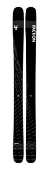 The Faction Mana 4 Skis 2023 are black powder skis featuring subtle white diagonal lines and FACTION branding—ideal for intermediate to advanced big mountain riders.
