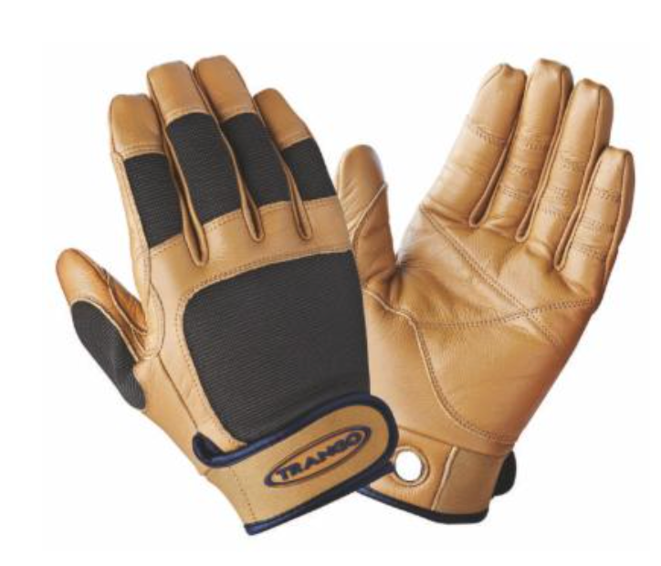 Trango Belay Gloves: Brown and black climbing gloves with reinforced palms and adjustable wrist straps for rope handling, shown with one palm up and the other down.