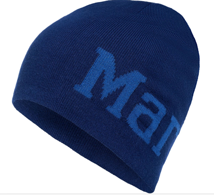 The Summit Skullcap Beanie is a dark blue knit hat featuring the word "Man" in large light blue block letters on the front—perfect for stylish warmth during cold weather.