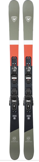 The Rossignol Junior's Sprayer Ski + Xpress 10 GW Binding features a modern design with olive green tips and tails, a red and black gradient center, and a white stripe near the top.