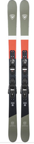 The Rossignol Junior's Sprayer Ski + Xpress 10 GW Binding features a modern design with olive green tips and tails, a red and black gradient center, and a white stripe near the top.